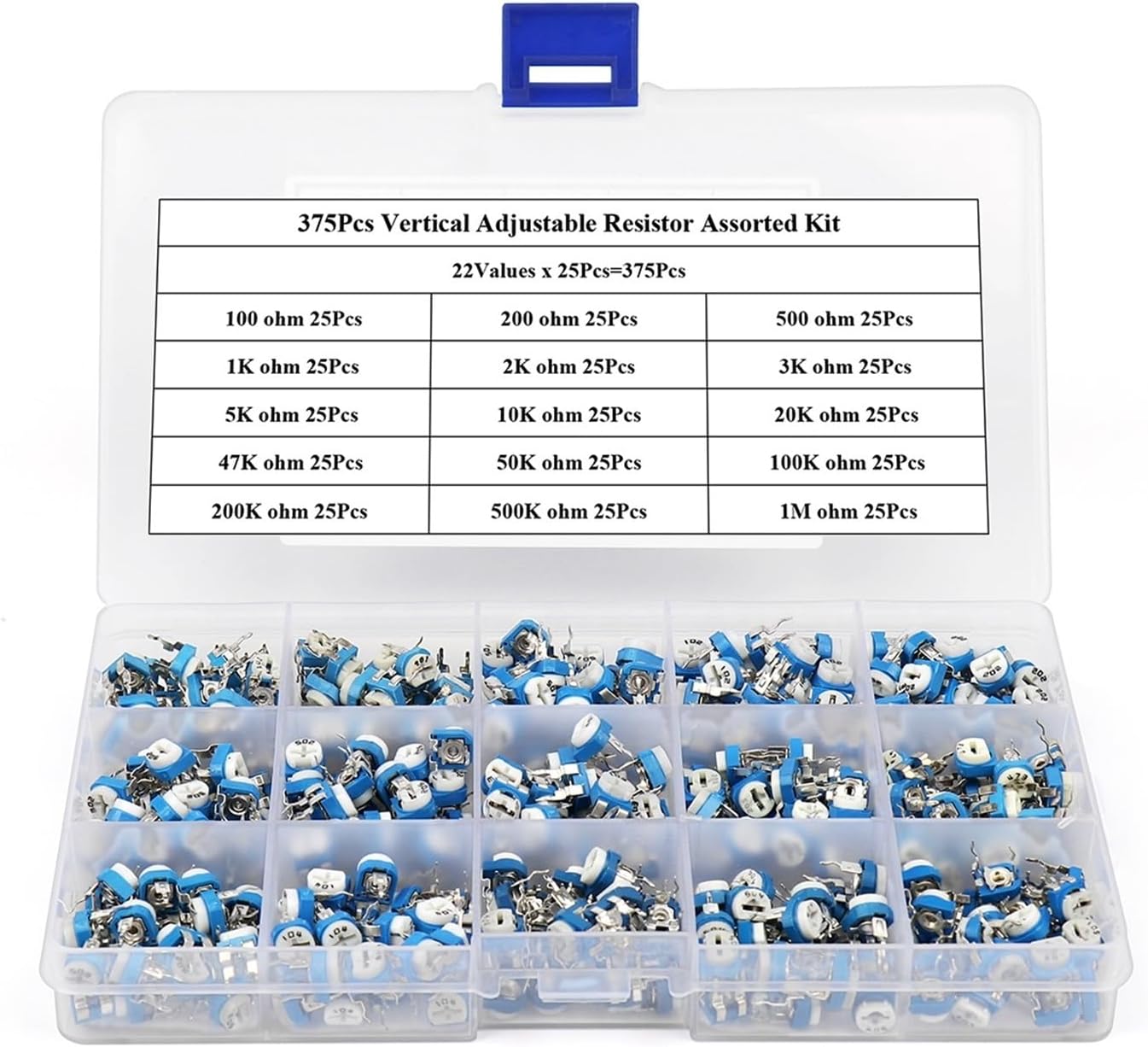 375 Piece Vertical Adjustable Resistor Combo Kit 22 Values ​​x 25 Pieces 100 ohm ~ 1M Trimpot Variable Resistor Combo Kit