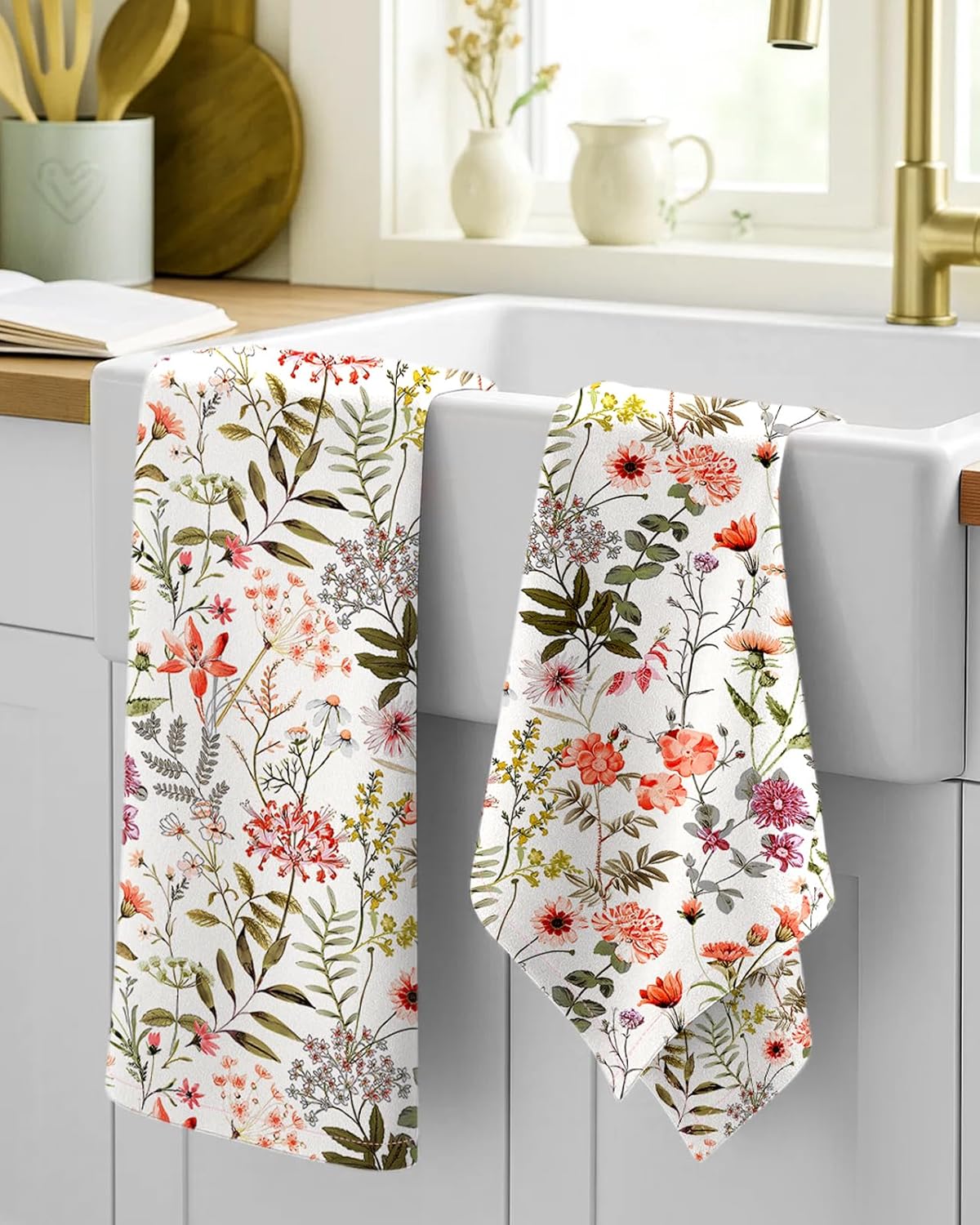 Flour Sack Kitchen Towels Set of 2-18x26 Cotton Dish Towels with Hanging Loop Reusable Tea Towel for Cleaning Spring Absorbent Dishcloths Cute Home Decor Housewarming, Flower Shrubs - Image 2