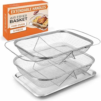 KneadEat Air Fryer Basket For Oven, 3-Piece Set With Extendable Handles, 304 Stainless Steel Large and Medium Baskets and Tray For Convection Oven