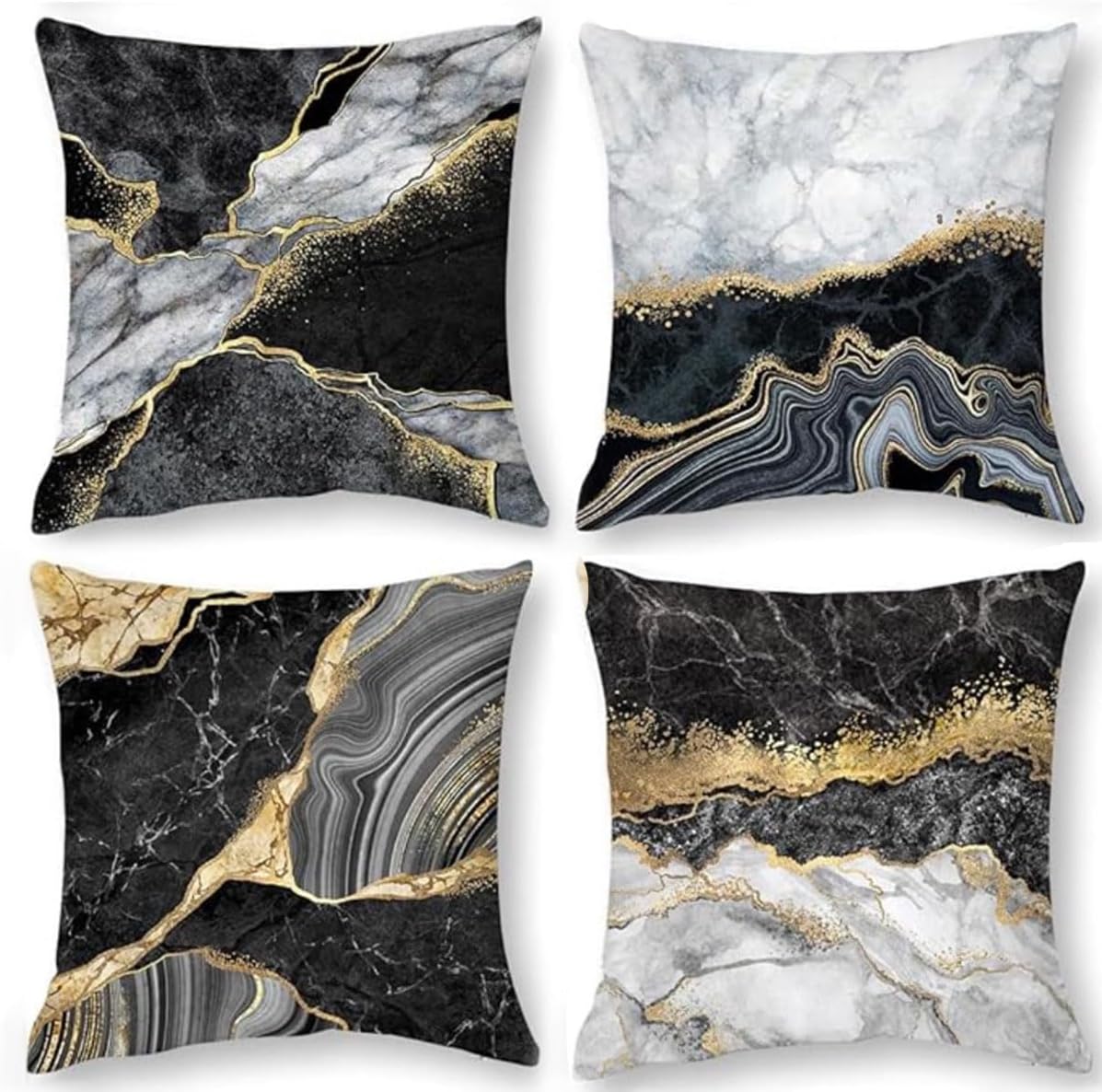 RYKEEN Marble Texture Pillow Cover 18 x 18 Inch Set of 4 Abstract Ink Black Gold Grey Texture Modern Decorative Throw Pillow Cover for Couch Living Room (18x18 Inch)