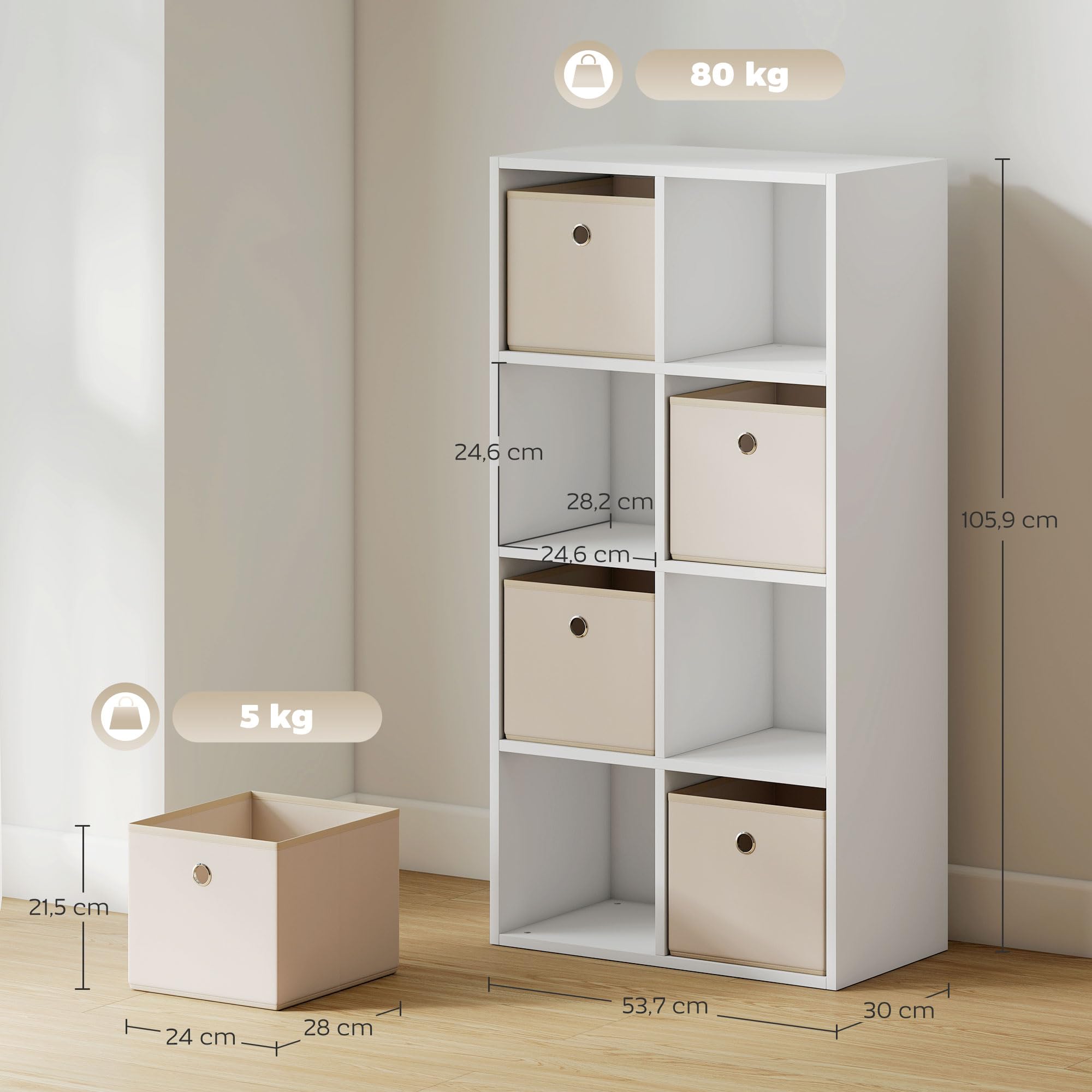 HOMCOM Estantería de 8 Cubos 4 Cajones Tela 105,9x30x53,7 cm Blanco y Beige | Librería, Estantería para Libros, Horizontal o Vertical, para Salón, Dormitorio, Estudio