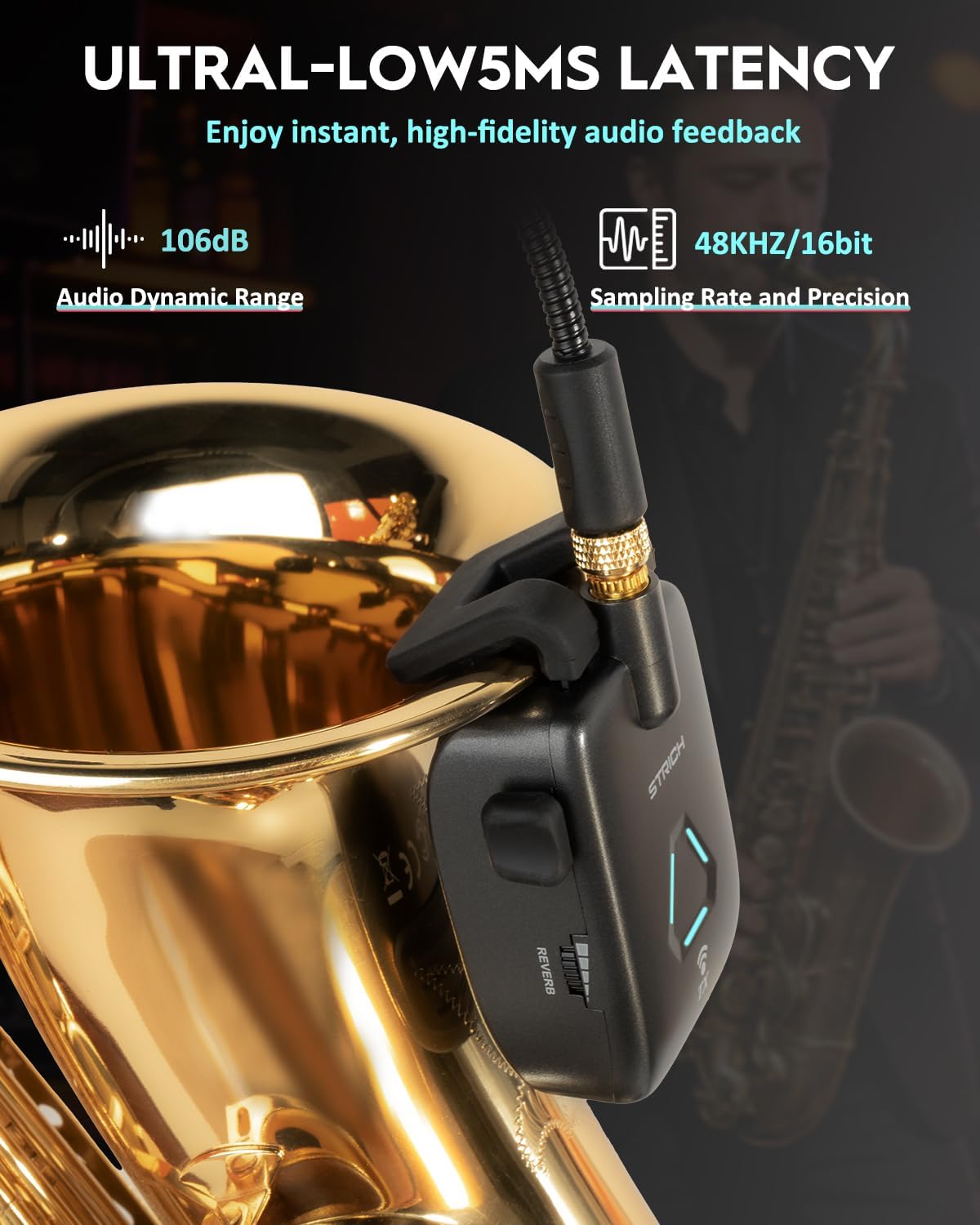 STRICH UHF Rechargeable Wireless Instrument Microphone System with Clip-on Transmitter & Receiver, 99ft Range, Reverb OTG Recording, for Trumpet, Trombone, Saxophone & Brass Instruments