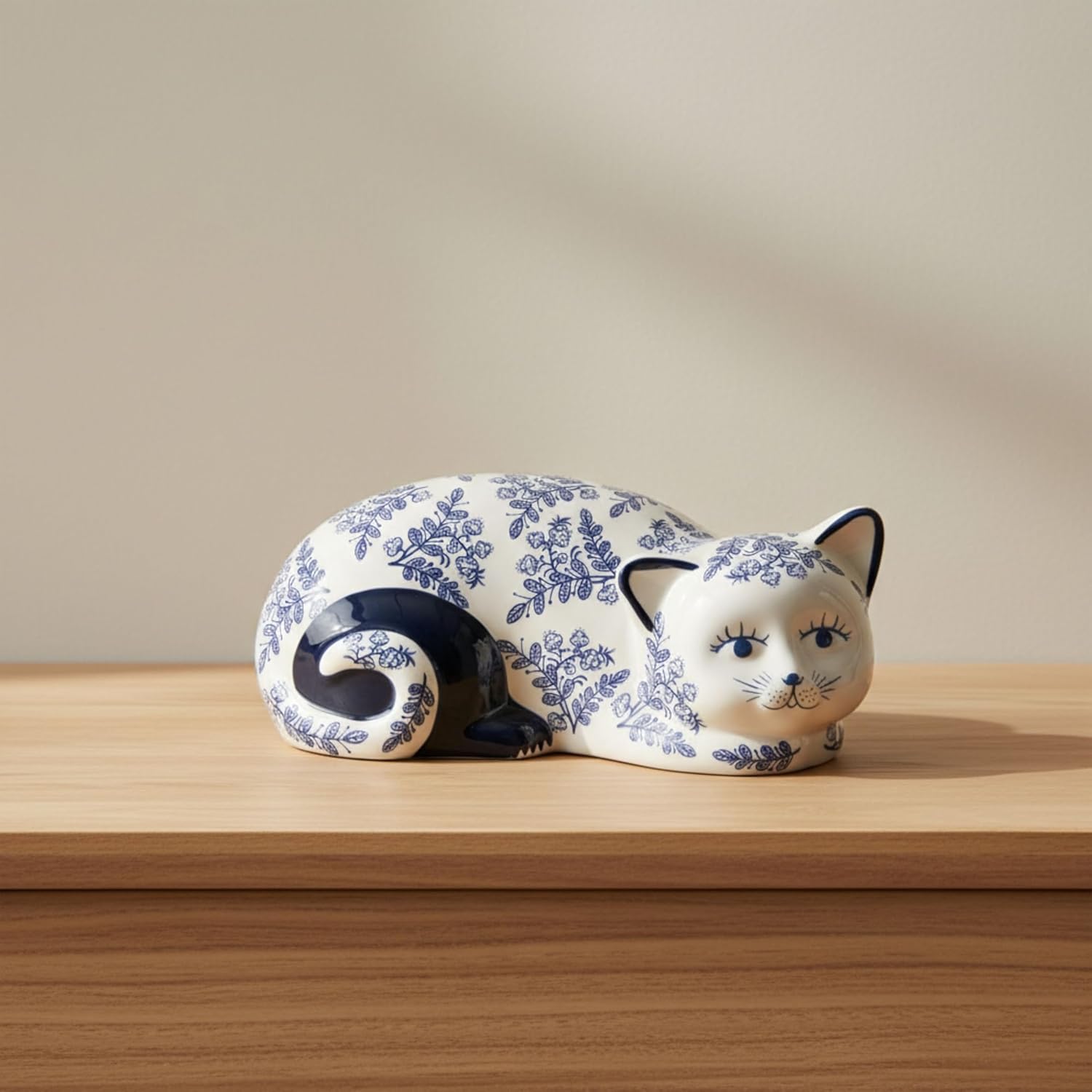 Ceramic Chinoiserie Cat Sculpture for Home Decor - Chic Ornaments for Bathroom, Office, Room and Living Room Display Styling - Sculptural Figurine for Shelf or Coffee Table Decor - 4", Blue & White