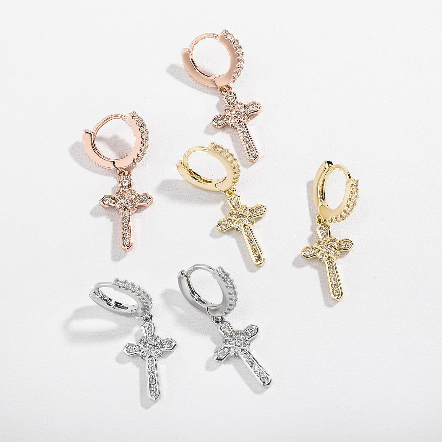 Solid Gold over S925 Sterling Silver Cross Moissanite Stud Earrings, Vintage Hip Hop Design, Religious Gift for Unisex