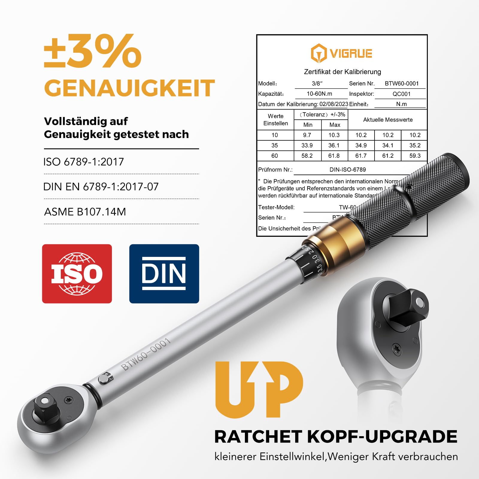 VIGRUE Drehmomentschlüssel Fahrrad 3/8 Zoll, Drehmomentschlüssel 10-60 N.m ±3% Fehlergenauigkeit mit Verlängerungsstange, Universalgelenk, Zündkerzenhülse, Bits für Fahrrad, Motorrad und Auto