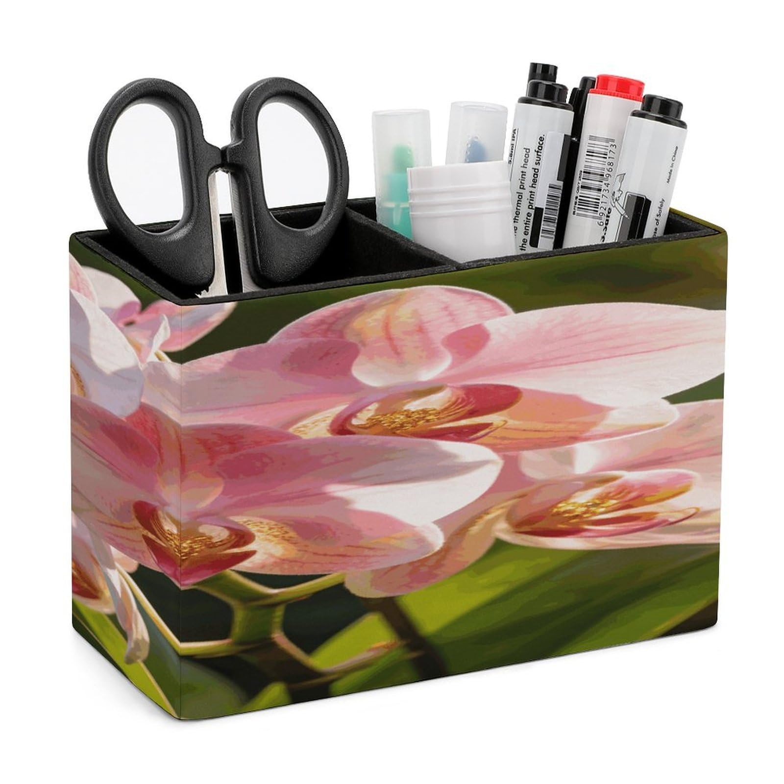 LZQPOEAS Orchid Blossom Pen Holder Double Compartments Pen Cup Makeup Brush Holders Leather Pencil Holder Locker Organizer for Work Locker Accessories Modern Pencil Cup for Desk