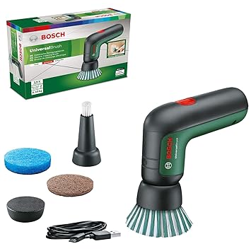Bosch Home and Garden Electric Cleaning Brush UniversalBrush (3.6 V Integrated Battery, 1 Micro-USB Cable and 4 Cleaning attachments Included, in Carton Packaging)