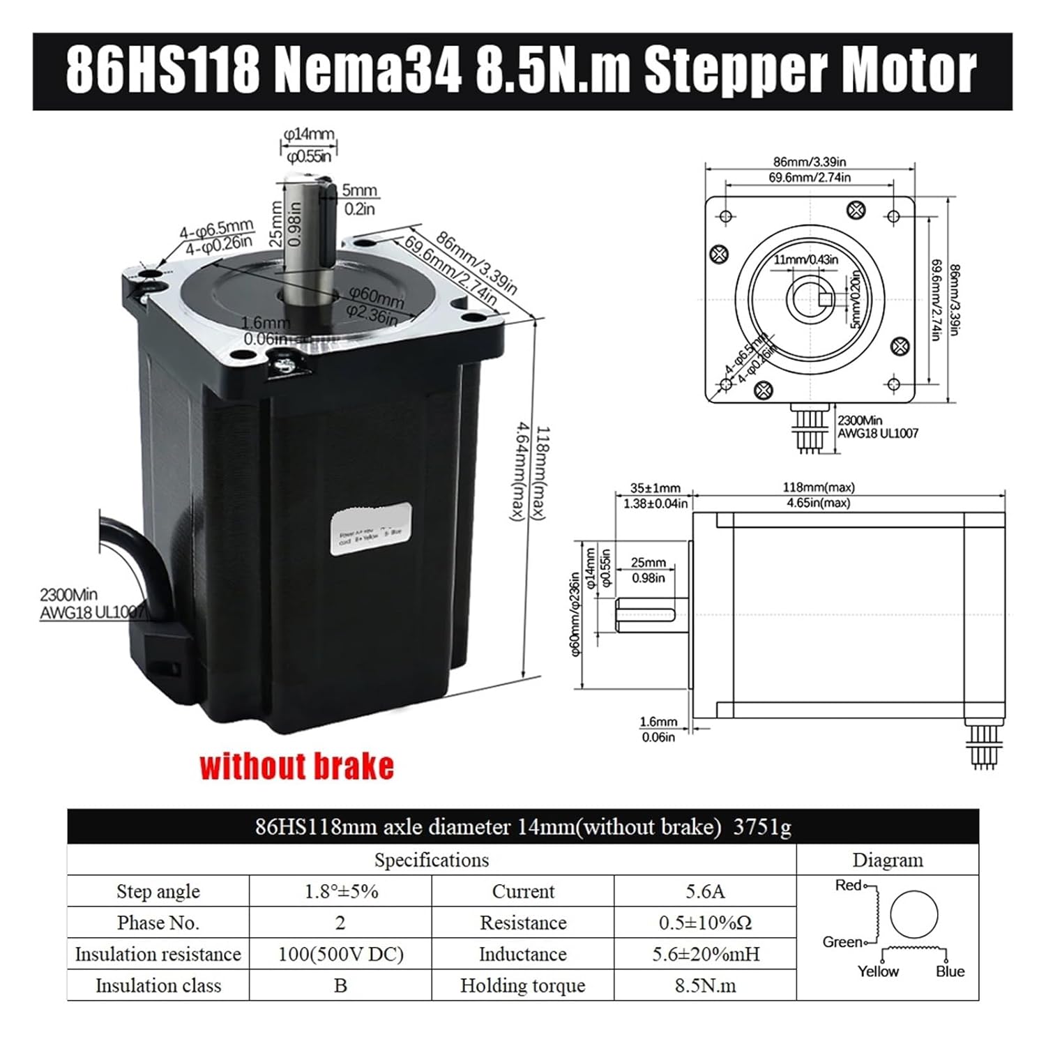 Nema 34 Stepper Motor 86mm Flange 86HS118 8.5N.m 1214ozin DC Engine with 4 Lead 1500RPM with 14mm Shaft for CNC Router