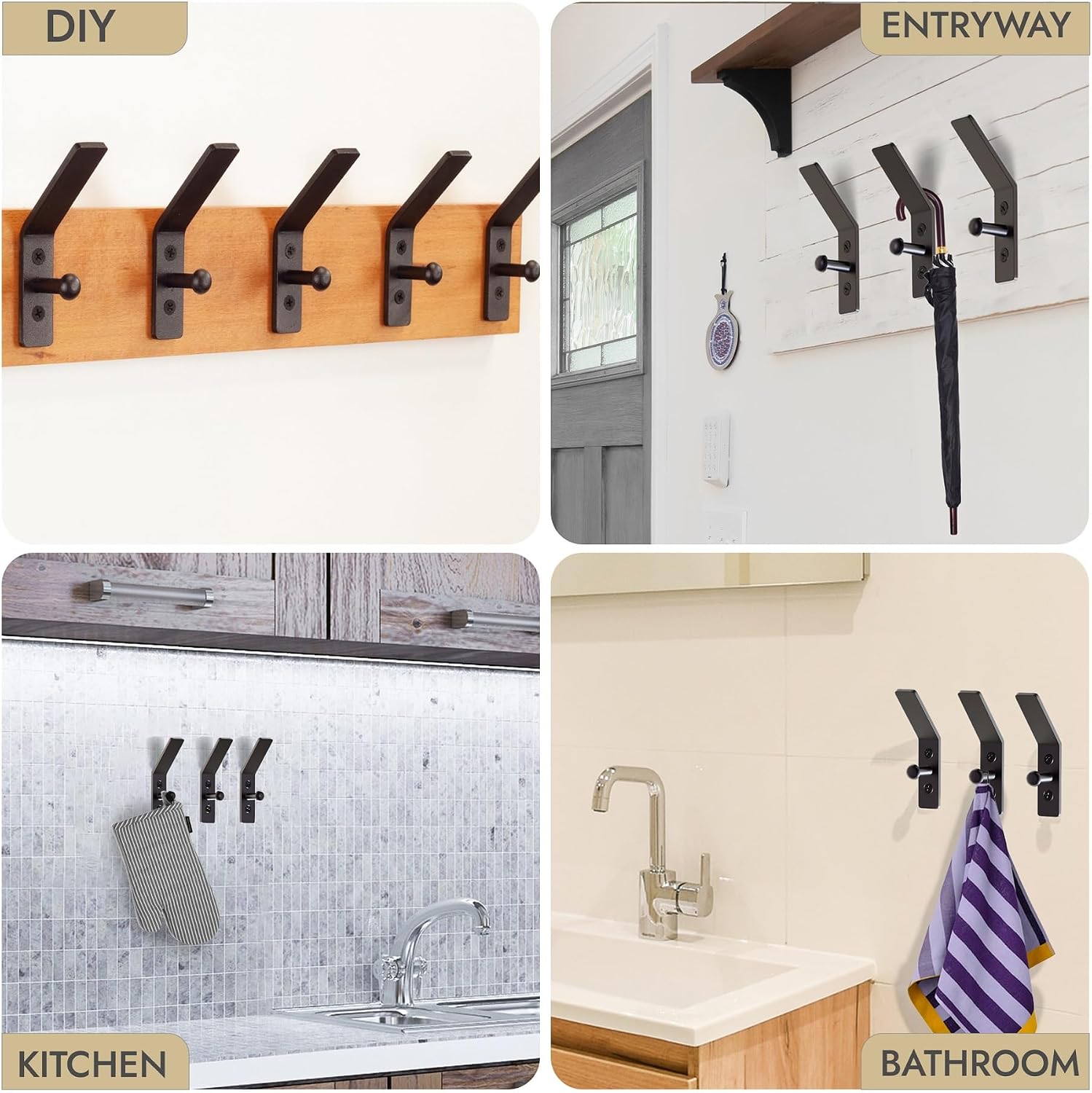 RTZEN Classic Farmhouse Wall Mount Multi-Use Wrought Iron Hook Set (3 Pack) image 5