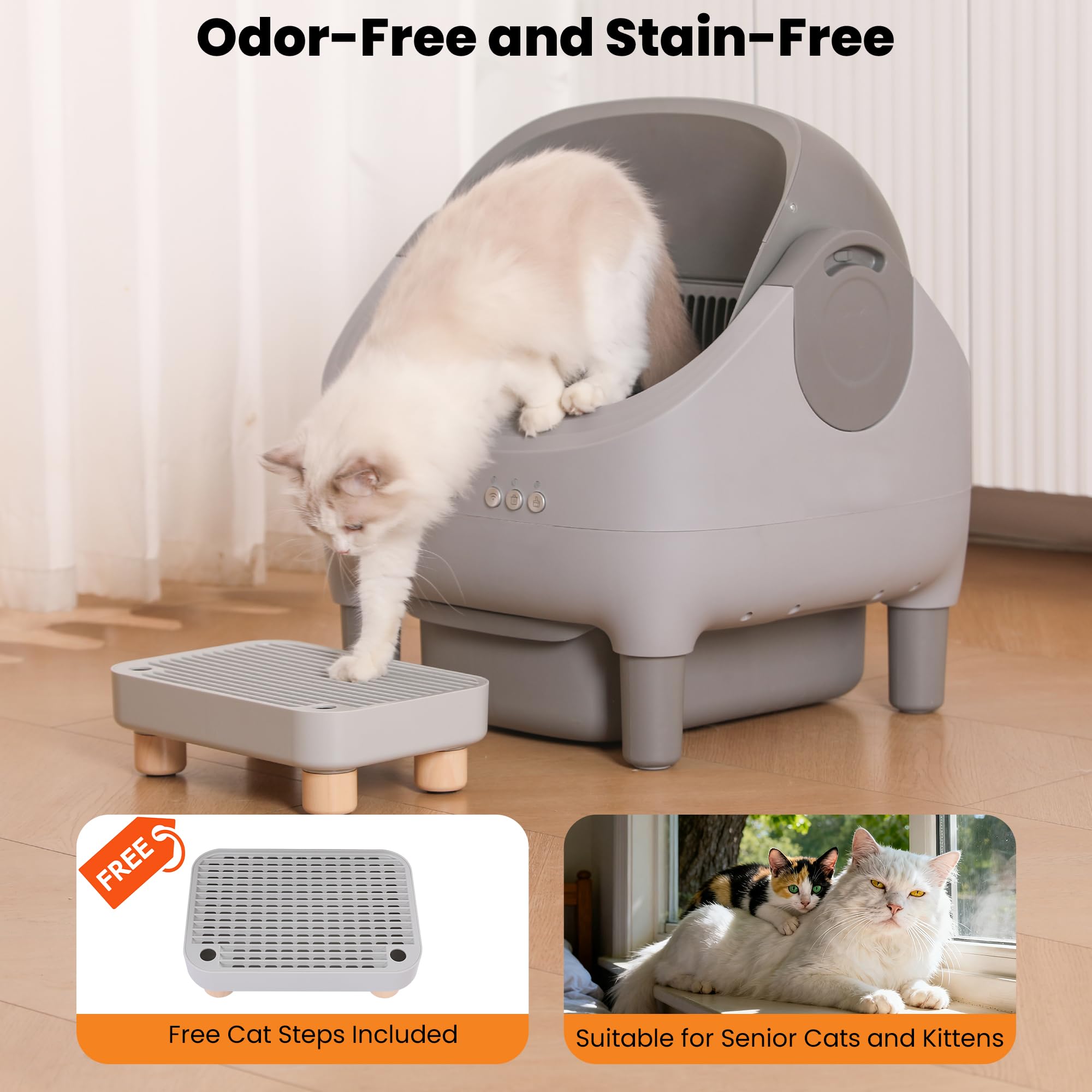 Upgraded Automatic Litter Box Self Cleaning, with Raised Step, Open Top Large Capacity for Multiple Cats, Odor Control & Safety Protection & Smart App Control & Health Monitoring & Quiet Operation - image 3