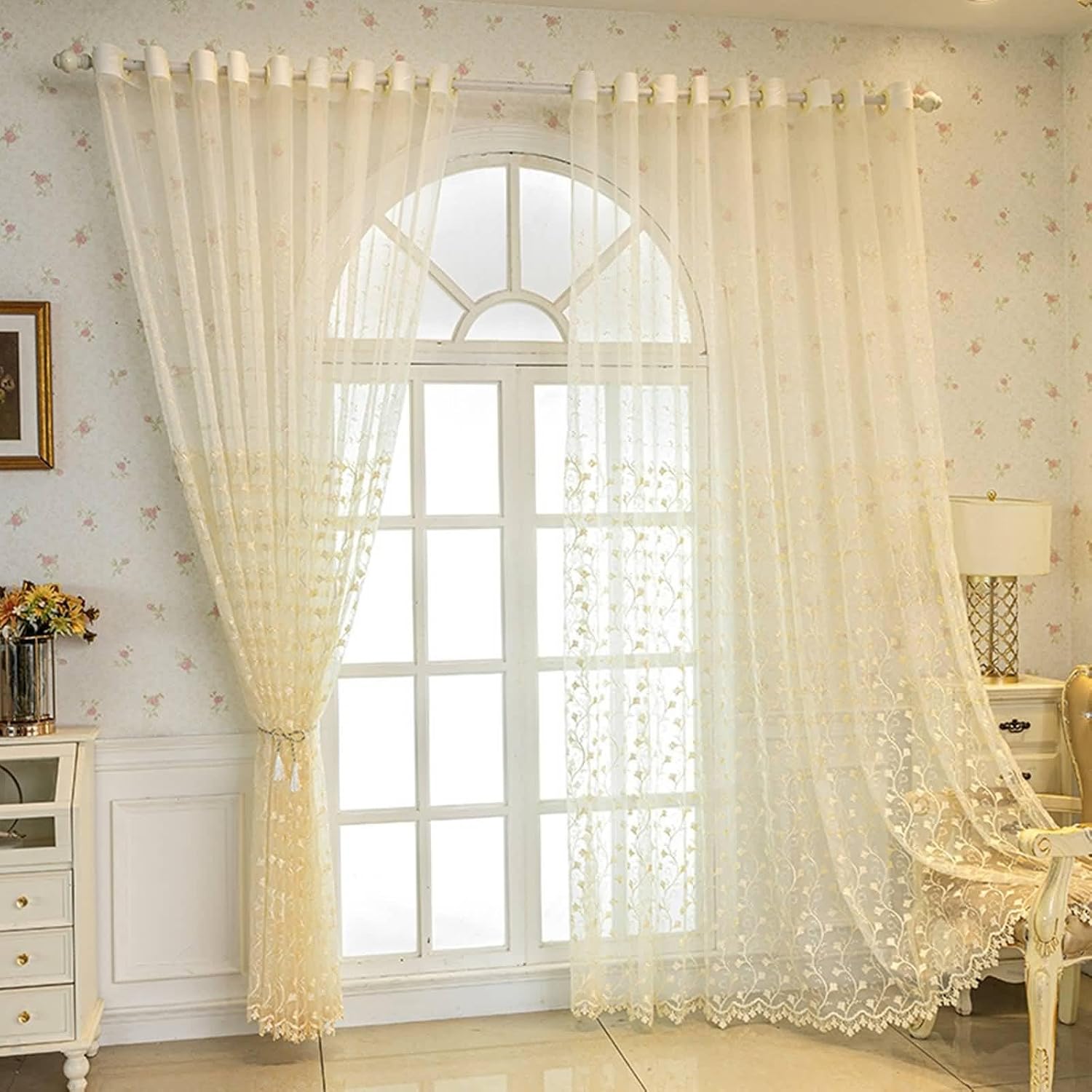 Daesar Bedroom Curtains 2 Panel Sets 90 Inch Length, Eyelet Transparent Curtains Embroidered Ginkgo Leaves Pattern Voile Curtains for Living Room Kitcken Window Treatment, 52x90 Inch Beige