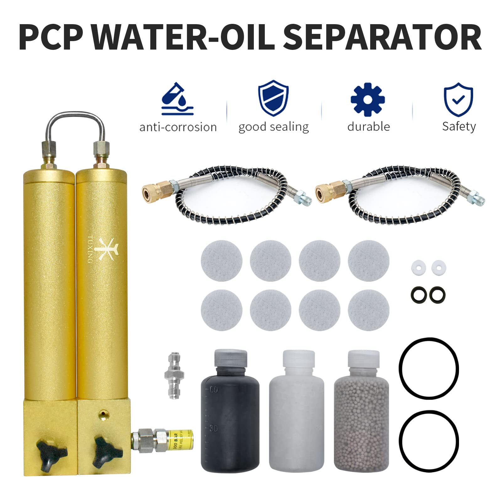 TUXING 4500Psi Pcp kompresor oleju separator wody, z zaworem przeciwwybuchowym, dwustopniowy filtr powietrza do wysokociśnieniowej sprężarki powietrza do nurkowania 408mm * 100mm