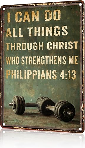 Letrero de metal con texto en inglés "I Can Do All Things Through Christ Gym Motivacional Retro Sign for Workout Home Motivacional Fitness Workout