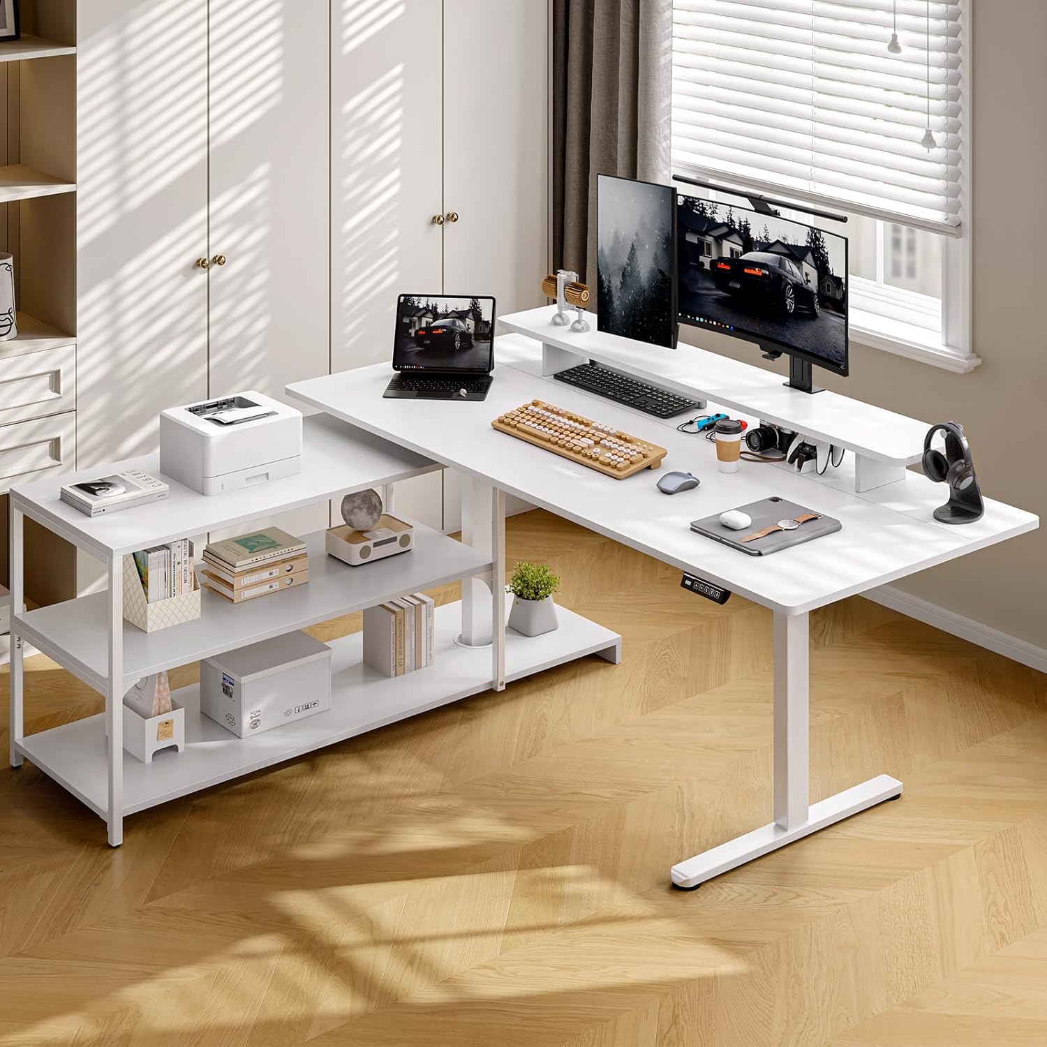 ONBRILL L Shaped Standing Desk with File Cabinet, 63x24'' Electric Stand Up Desk with Monitor and Storage Shelf, Adjustable Height 28-46'' for Home and Computer Workstation, White