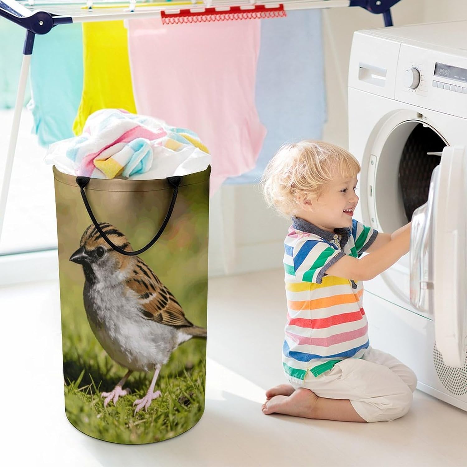 Sparrow Laundry Hamper with Handles Waterproof Collapsible Laundry Basket Large Lightweight Round Dirty Clothes Hamper for Home Dorm Bathroom Decor