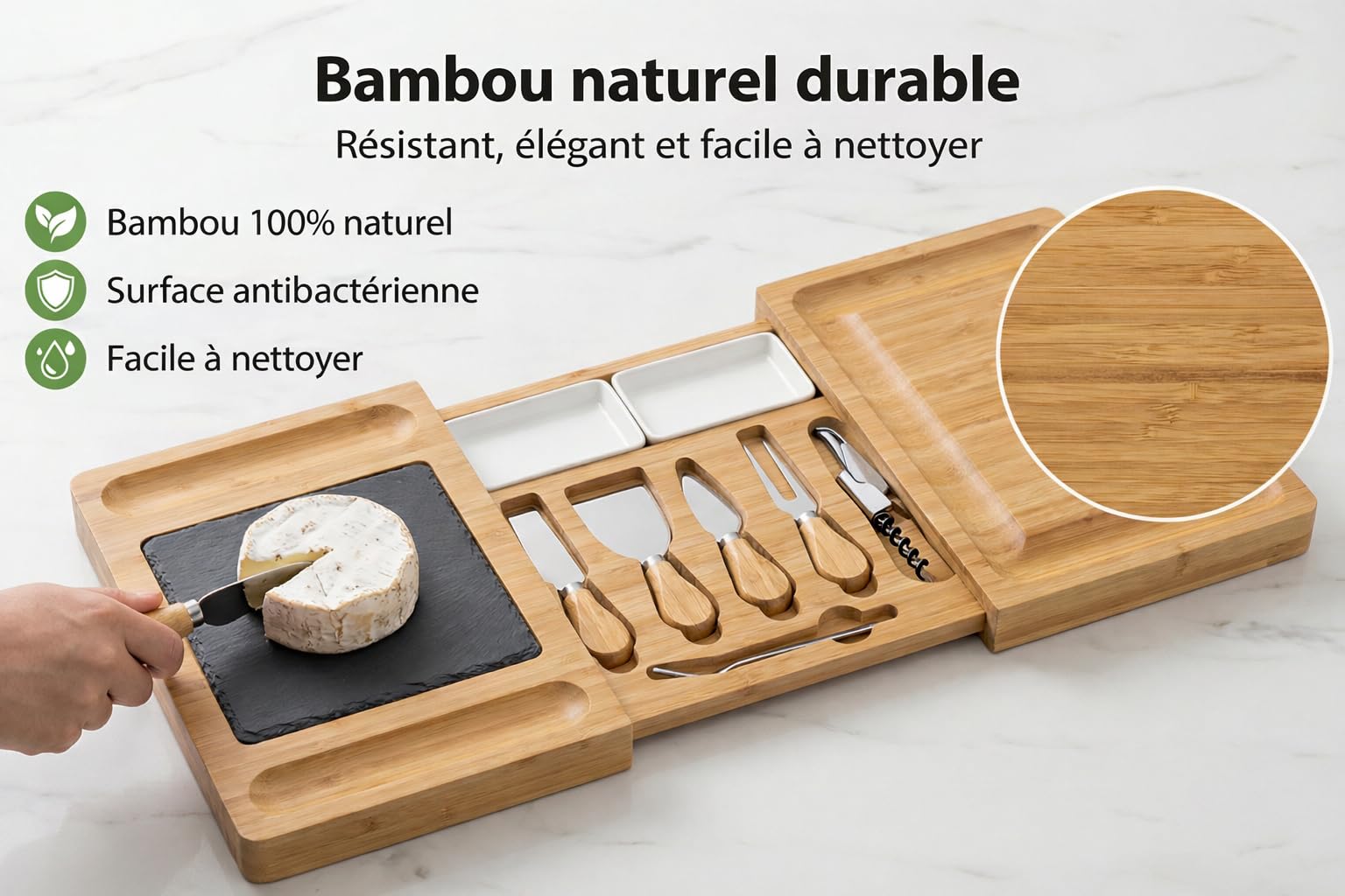 KKALYAN Planche Apero xxl Extensible en Bambou – Plateau Apéritif Dinatoire 6 à 8 Personnes avec Accessoires