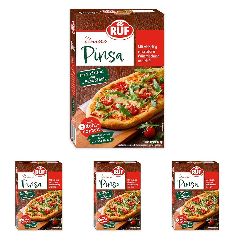 RUF Pinsa Backmischung, Pinsa Mehl für Pinsa Teig mit Lievito Madre und aromatische Würzmischung, ergibt 2 Original Pinsa Romane oder 1 Backblech, 1x 422g (Packung mit 4)