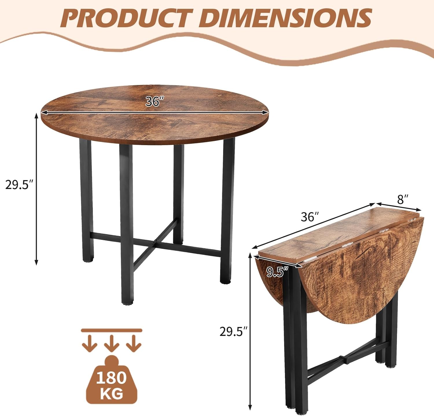 36” Folding Dining Table, Round Drop Leaf Wooden Kitchen Table, Mid-Century Foldable Tables Compact Small Dining Table, Farmhouse Extendable Table for 2-4 People