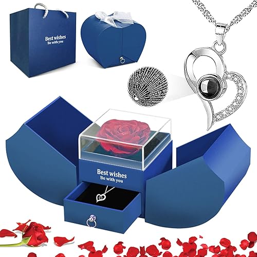 Rosa preservada con collar de corazón plateado con 100 piezas "I Love You", regalo de flores rojas para el día de la madre, mamá, mujer, día de San