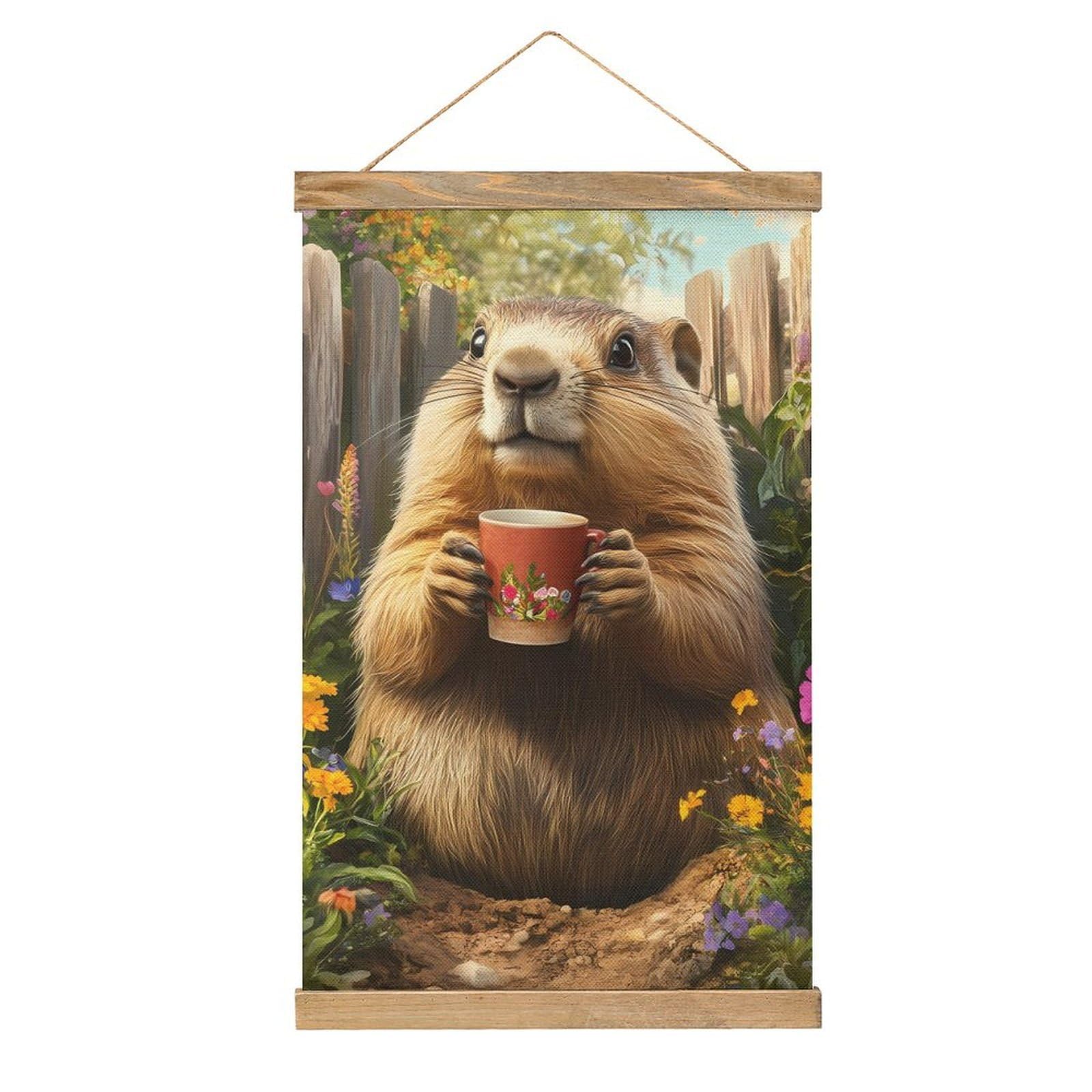 CGSBNGHA Funny Garden Groundhog Wall Art Prints Linen Hanging Painting Scroll Paintings Pictures Decor for Home