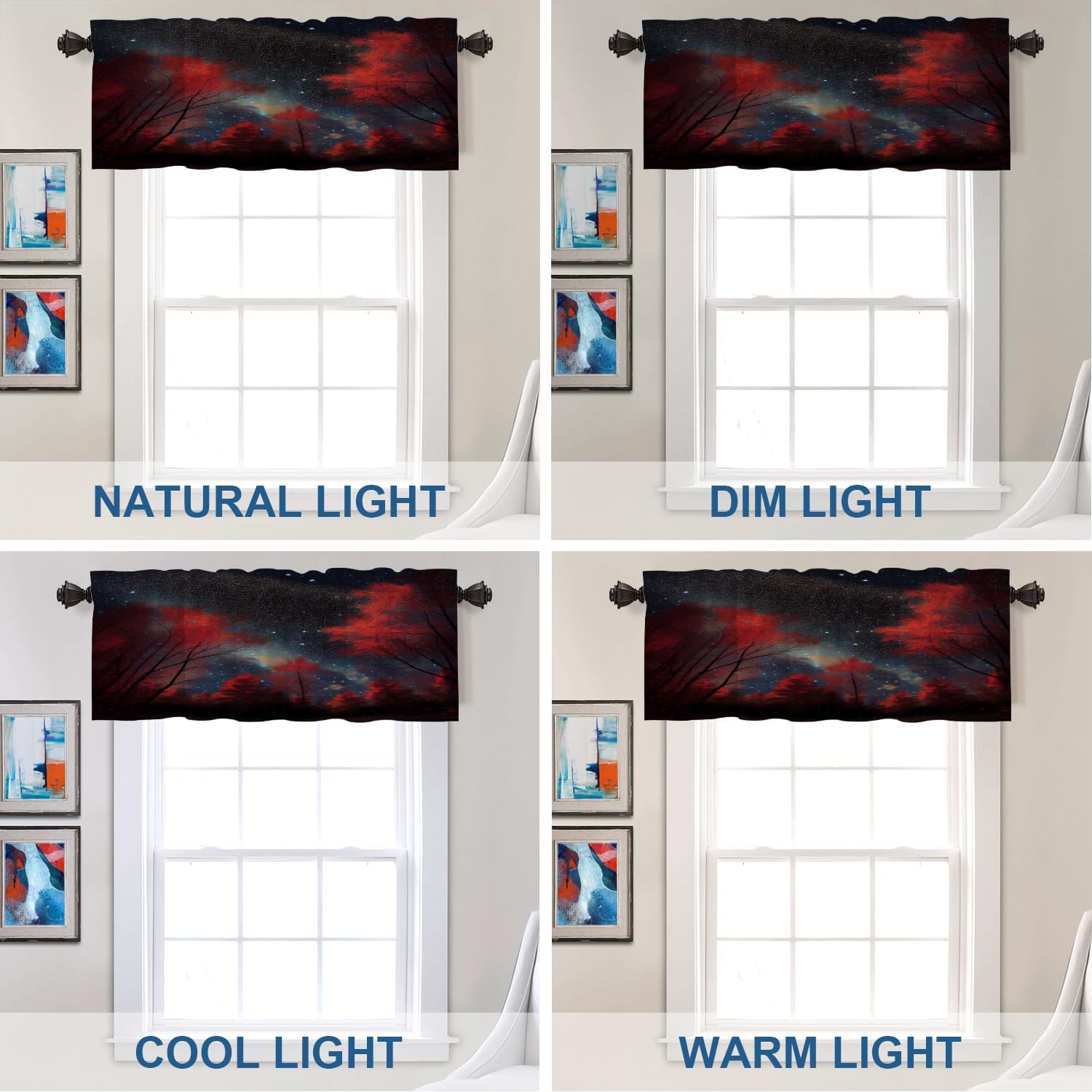 Batmerry Autumn Maple Forest Valance Curtains, Starry Sky Red Leaves Simple Window Treatment Kitchen Valances Multilayer Polyester Blackout for Living Room/Bathroom, 2 Pack 52x16 inches
