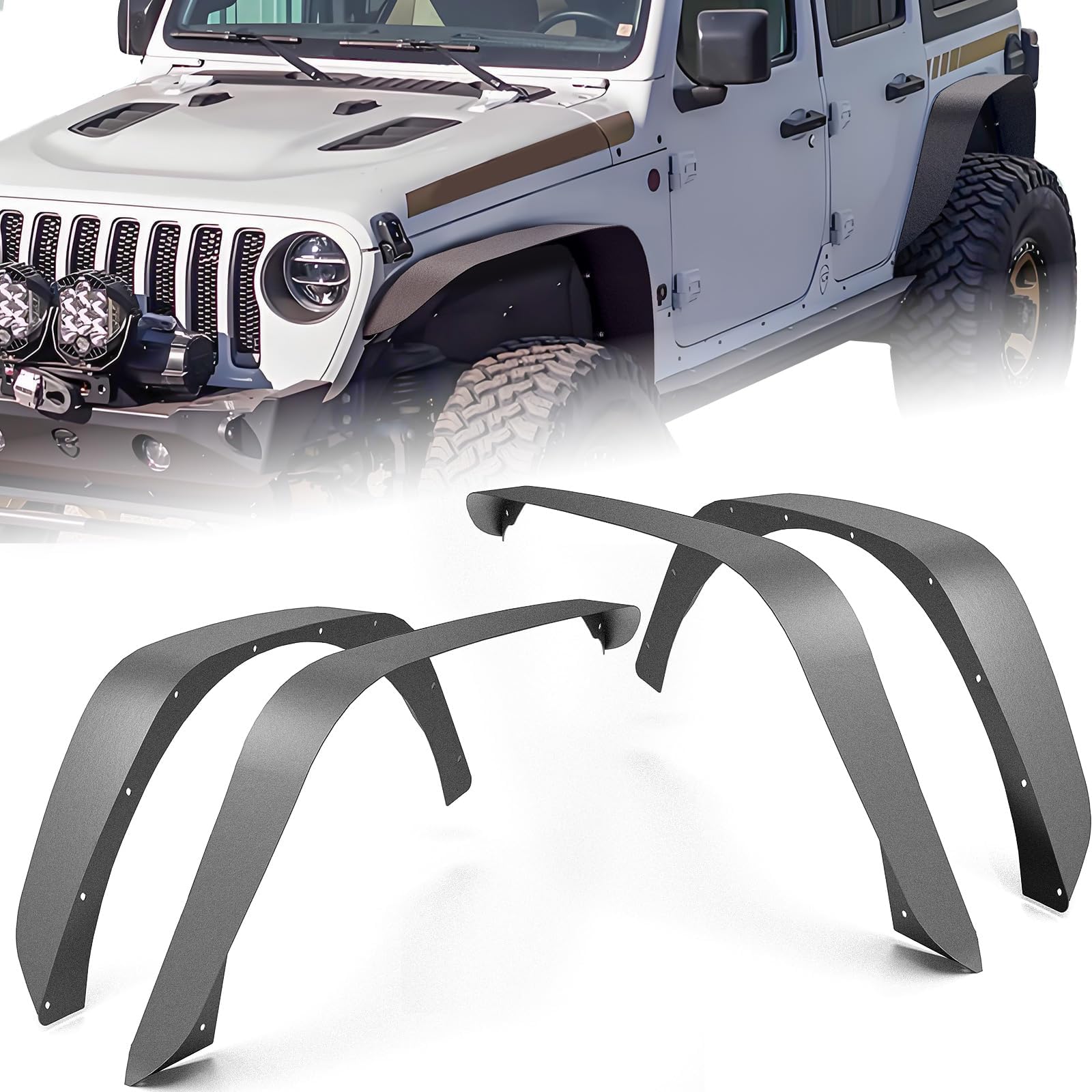 for JL JLU Flat Front & Rear Fender Flares Compatible with 2018 2019 2020 2021 2022 2023 2024 2025 2026 Jeep Wrangler JL JLU Unlimited, 4-PCS Heavy Duty Steel Mud Guard Off-Road Wheel Fender Kit