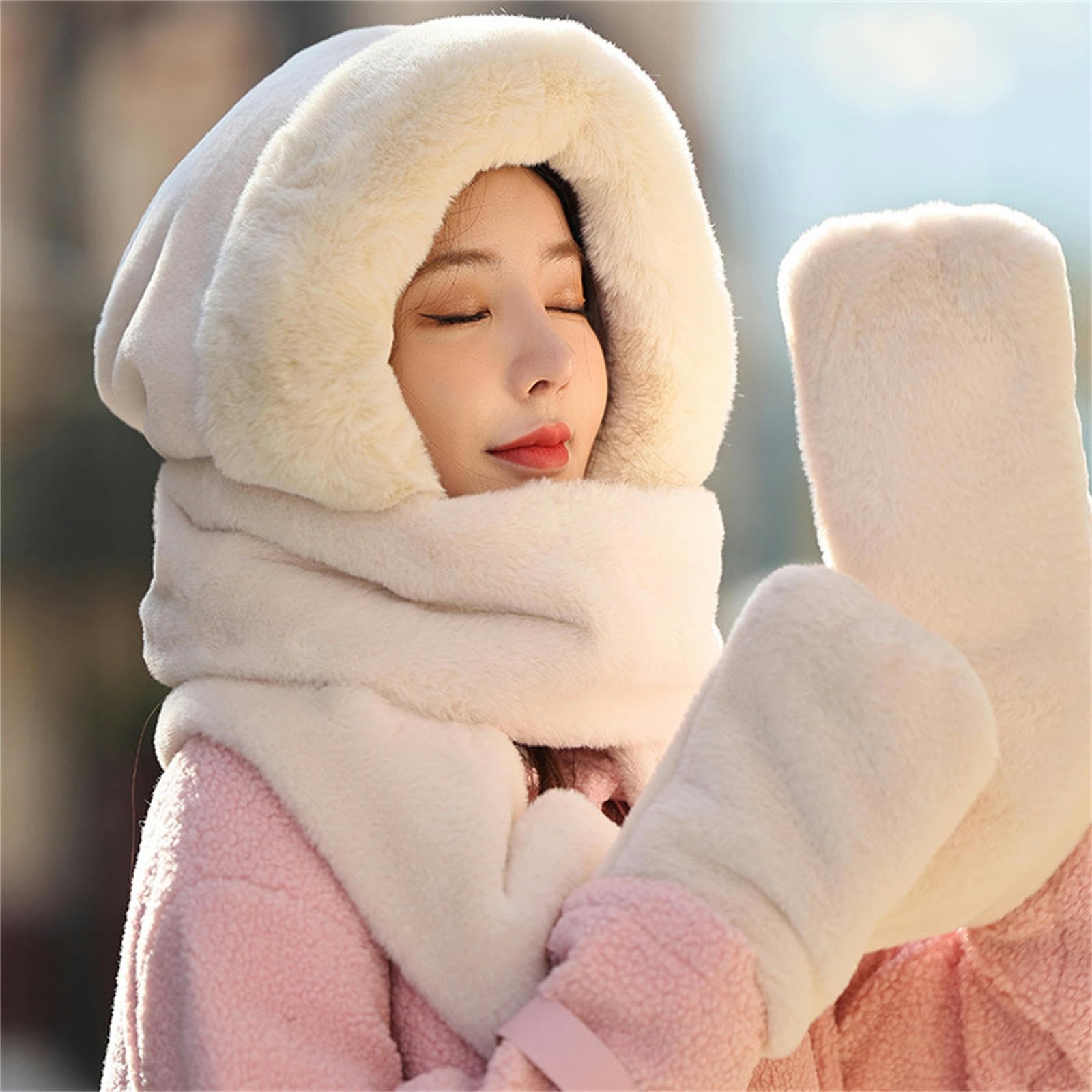 Mütze Schal Set Damen Solide Farbe Hutschal Handschuhe Frauen Dicke Warme Kalte Ohrenschutz Hut DREI In Einem-Upgrade Big Hair Strips Mit Snow Bud Farbe
