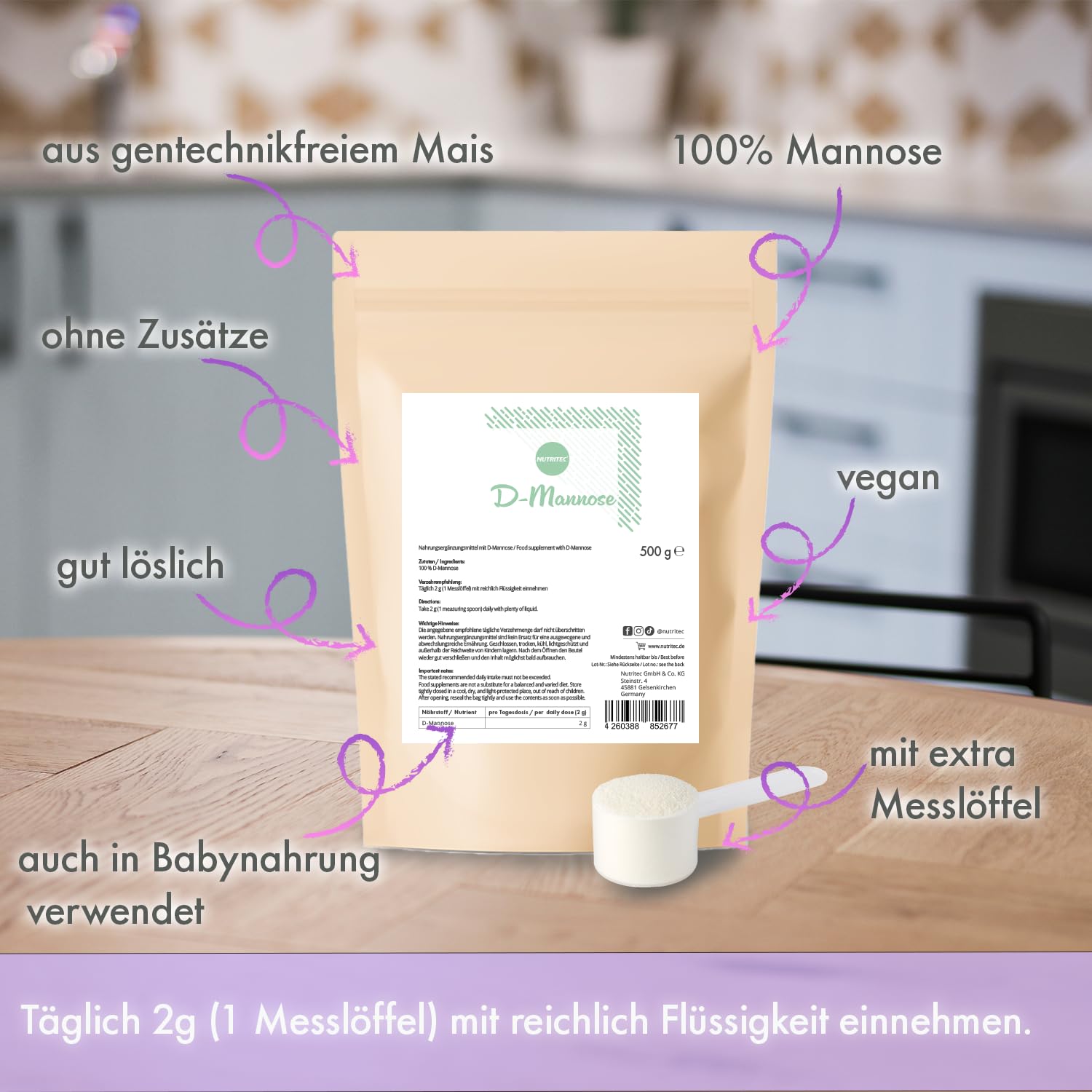 Polvo puro de D-manosa 500 g con cuchara medidora – 250 días de existencia – sin aditivos, calidad alemana, alta dosis, bien soluble, vegano, sin ingeniería genética | Nutritec