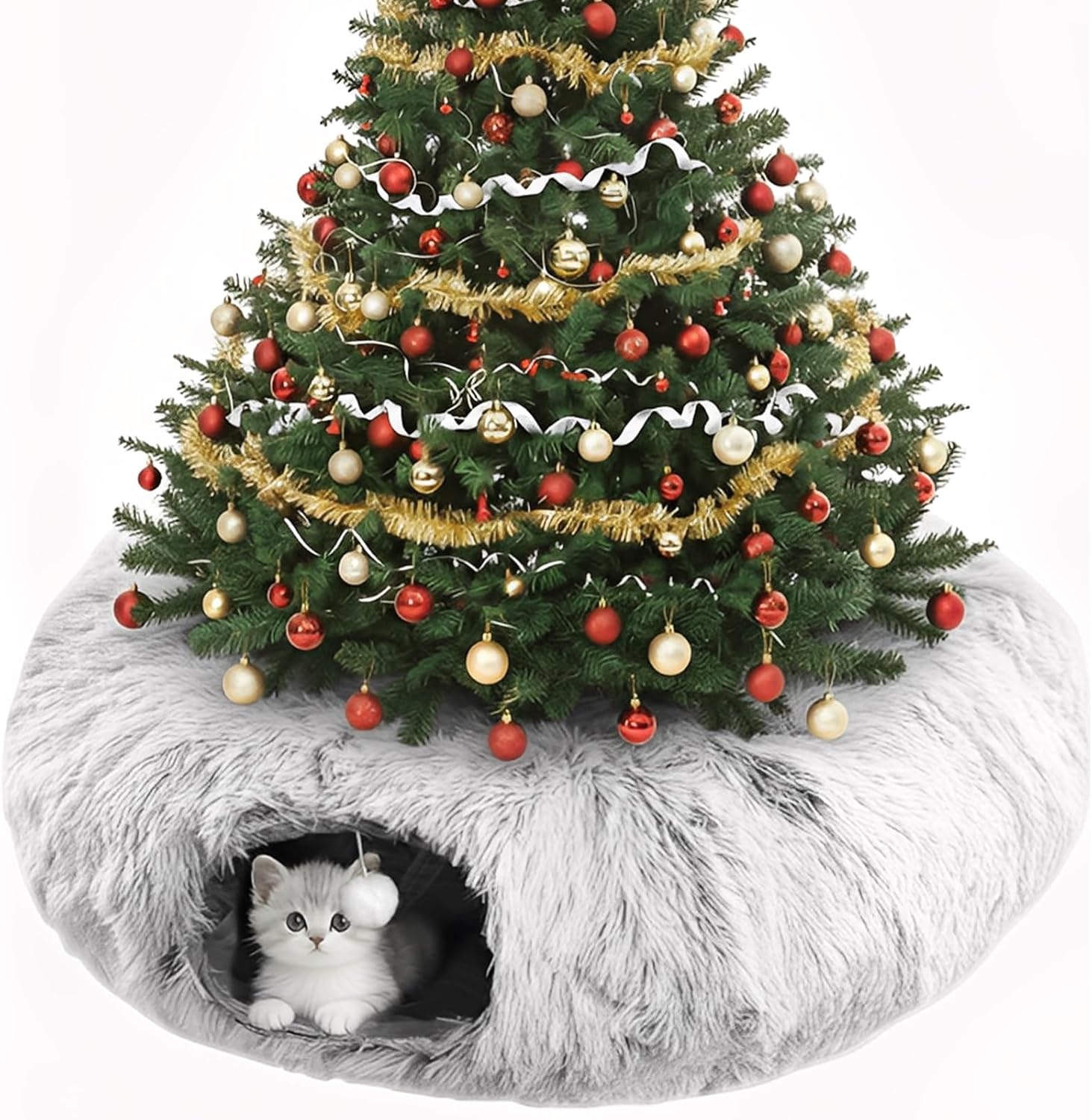 Cat Tunnel Christmas Tree Skirt, Cat Tunnel Bed for Indoor Cats with Hanging Ball, Soft Plush Cats Donut Cave with Washable Mat for Kittens, Rabbits, Puppies and Small Animals Christmas Decors, Grey