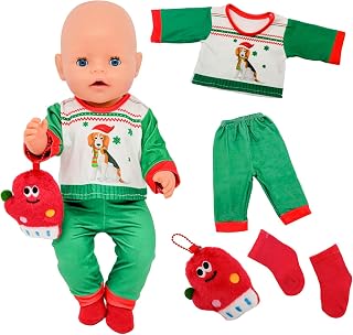 4 piezas de ropa para muñecas de 16 a 18 pulgadas, trajes de muñecas de Navidad con 1 camiseta de cachorro + 1 pantalón + 1 colgante + un par de calcetines rojos, ropa de muñeca linda, regalo para