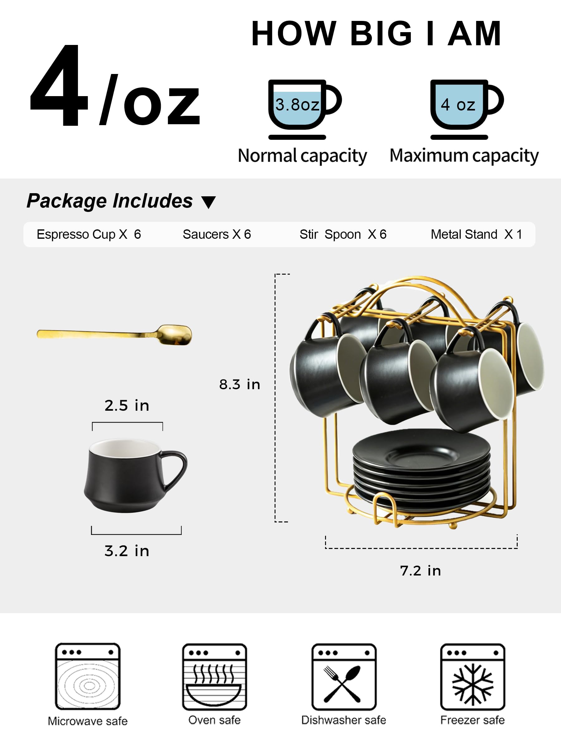 YHOSSEUN Juego de 6 tazas de café expreso de cerámica de 4 onzas con soporte, platillos y cucharas, tazas de café pequeñas Demitasse para el día del padre, accesorios de espresso para máquina, color