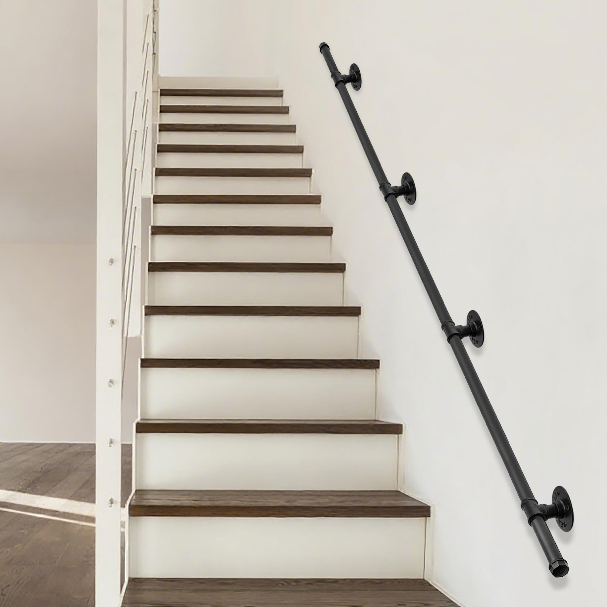 OUUTMEE Corrimano da 335 cm, in ferro battuto, calibro: Ø 25 mm, adatto per interni ed esterni, ringhiere per scale, con supporto a parete e tappi terminali