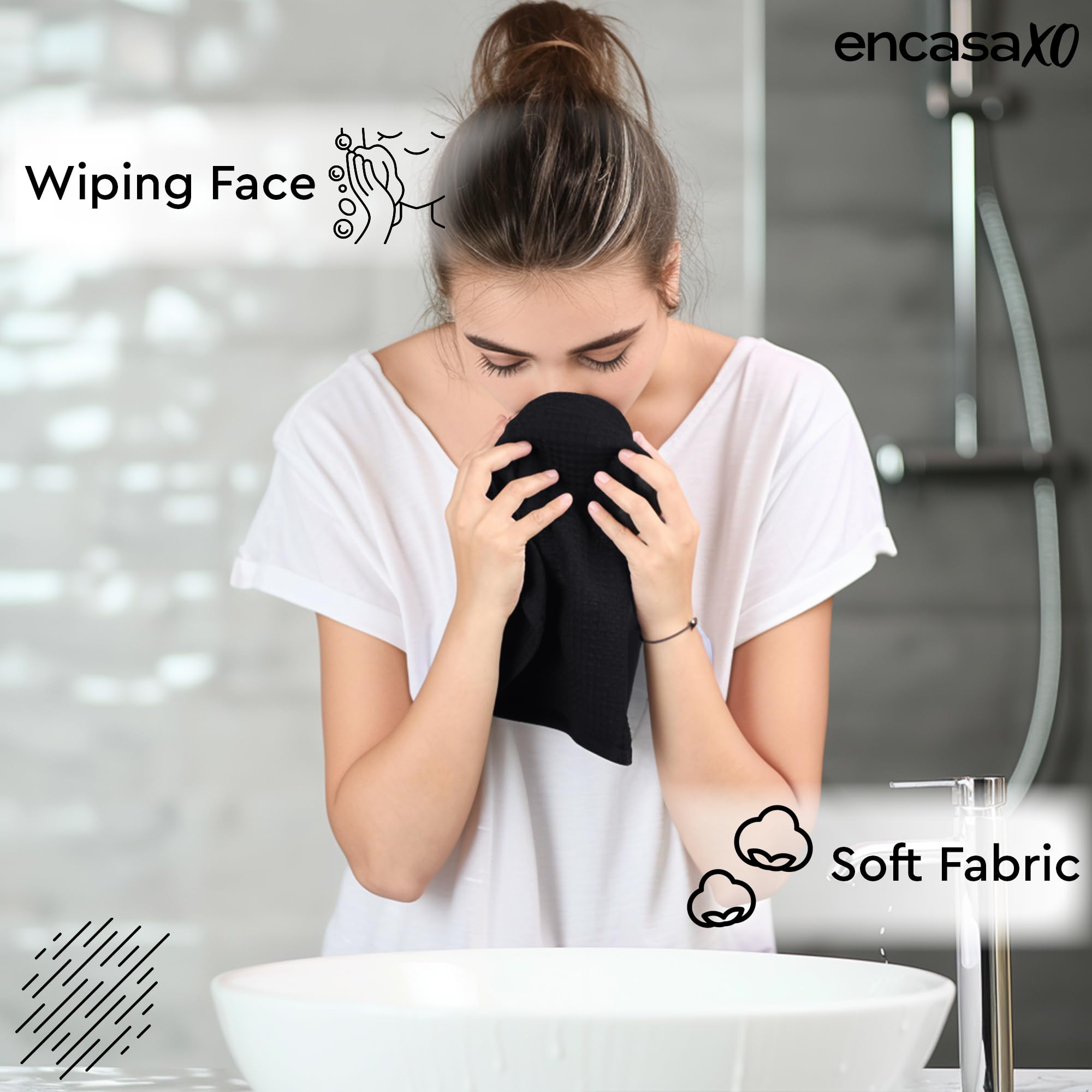 Encasa XO Face Towels, Cotton Waffle Hand Towel, Dish Cloths Black 1
