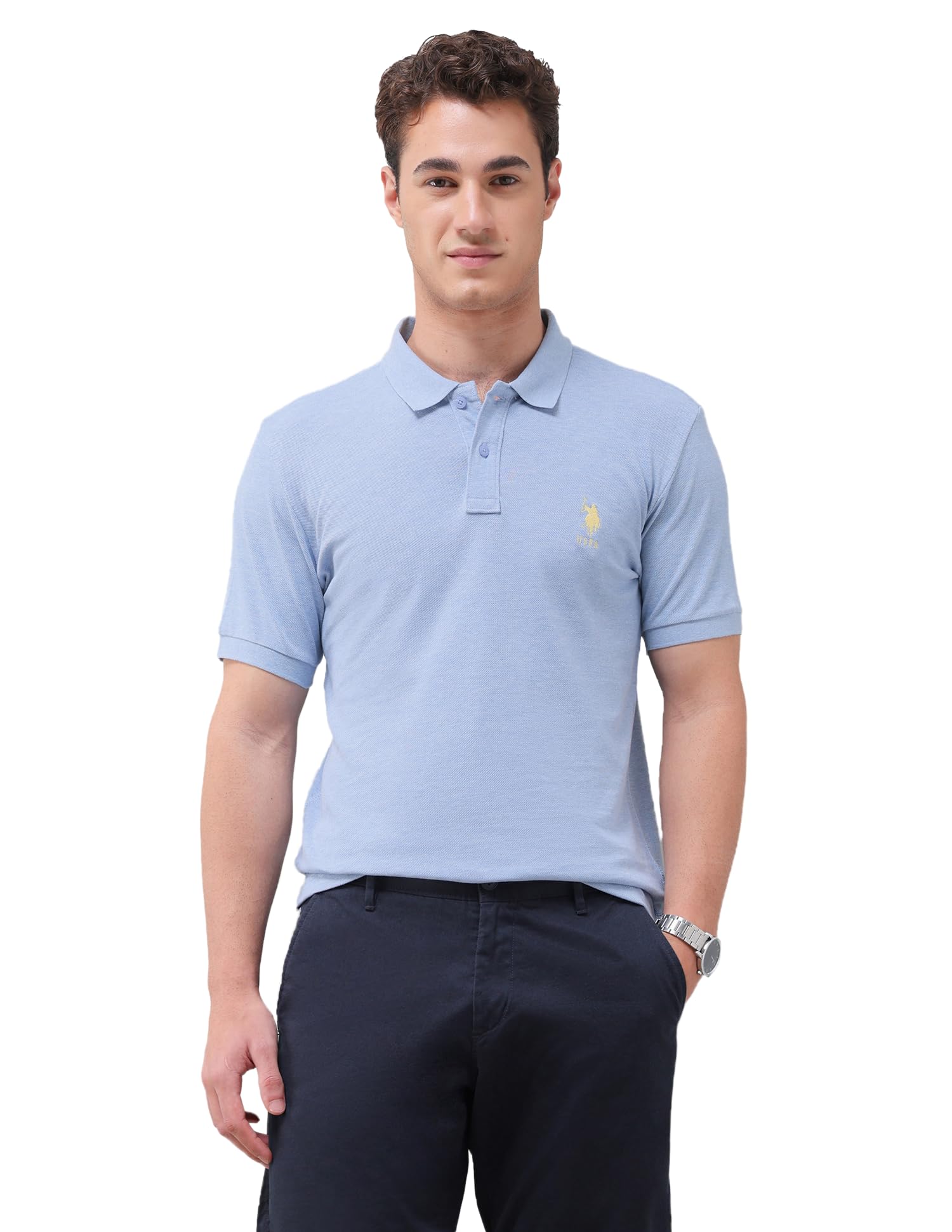 u.s. polo assn. Light Blue Solid Pique Slim Fit Men's Polo Shirt-picture-24