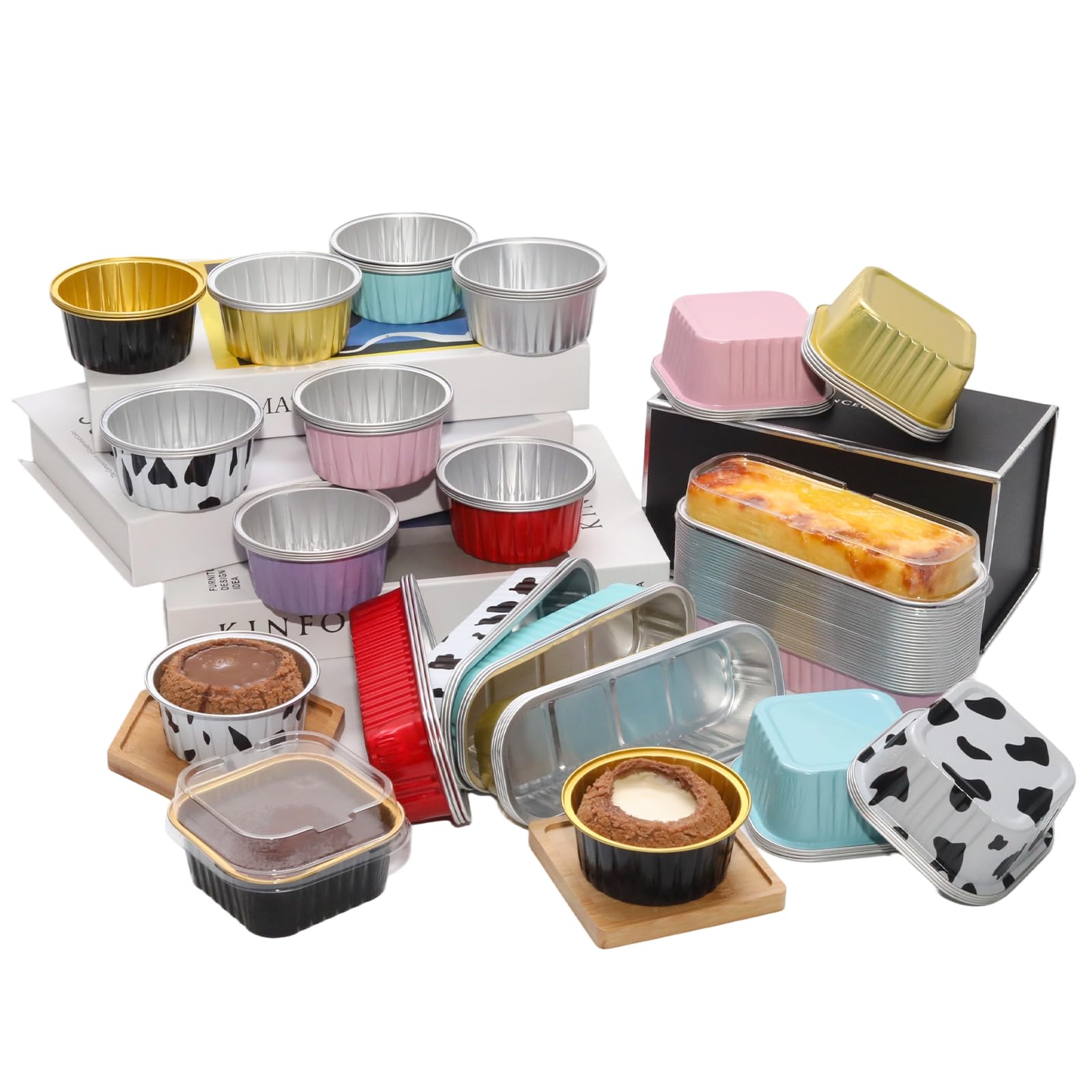 Lot de 100 mini moules à tarte en aluminium avec couvercles, 120 ml, noir et doré