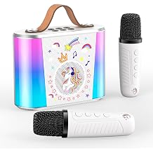 Karaoke Machine for Girls Birthday Presents Age 3-15 Year Old White | Mini Karaoke Machine 2 Microphones with Voice Changing Effects & LED Lights, Teenage Girls Toys Age 3-12