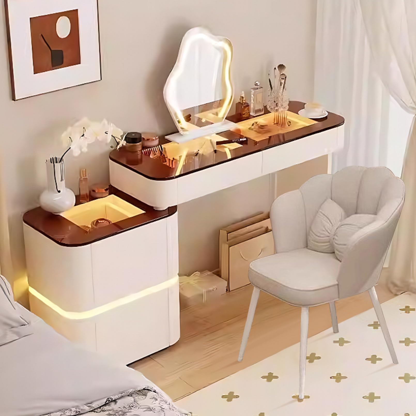 Toaletka LED z lustrem i krzesłem, toaletka z 4 szufladami, lite drewno, kosmetyczka, biurko do sypialni dziewczęcej, stylowe białe meble fryzjerskie