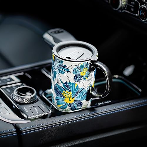 Miniatura 4 de Topadorn Taza de café de cerámica para regalo con tapa de 17 onzas, taza de té alta de porcelana con asa para el hogar y la oficina, taza con patrón