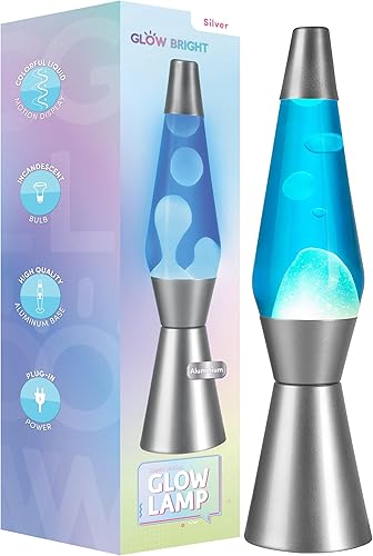 Glow Bright Lámpara retro brillante de 16 pulgadas con base plateada, cera líquida azul y blanca, lámpara novedosa y decoración del hogar para