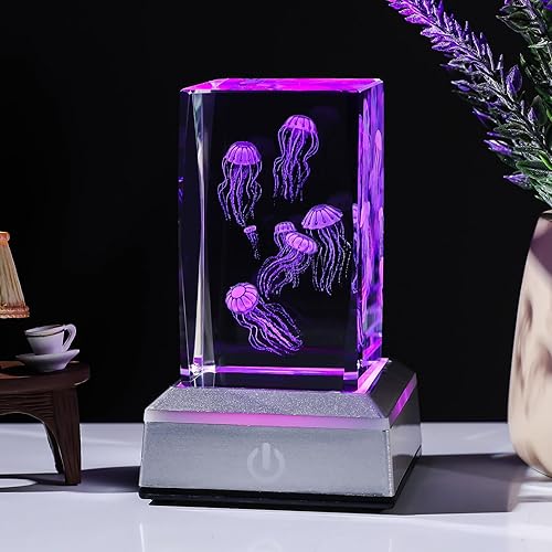 Miniatura 2 de LONGWIN Figuras de medusas de cristal 3D, luz nocturna multicolor, regalos grabados con láser de vidrio para niños y niñas en cumpleaños, Navidad,