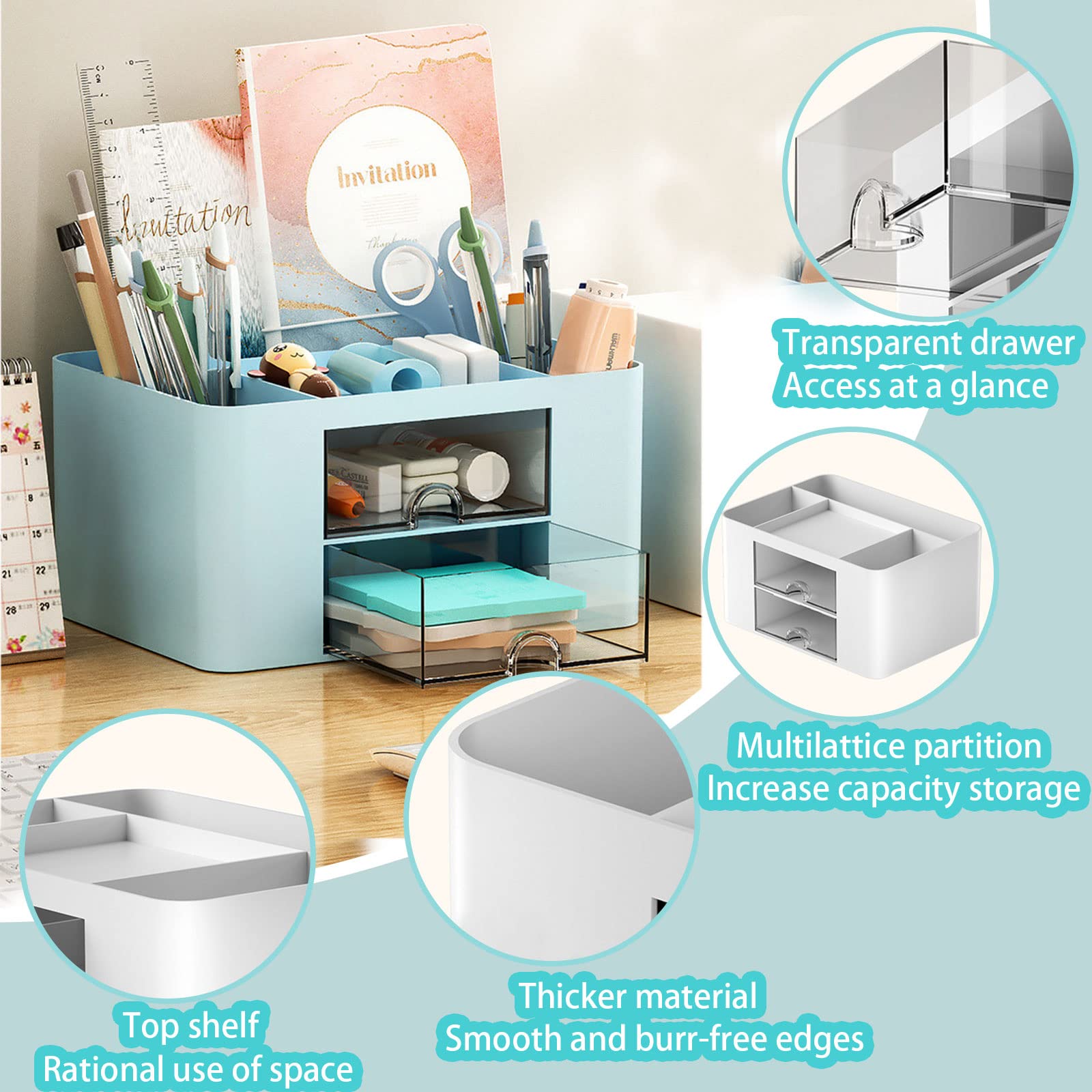 Organizer Da Scrivania Con Cassetto - Portapenne Multifunzione 7 Scomparti In Plastica Per Ufficio E Casa (Blu) - Foto 13