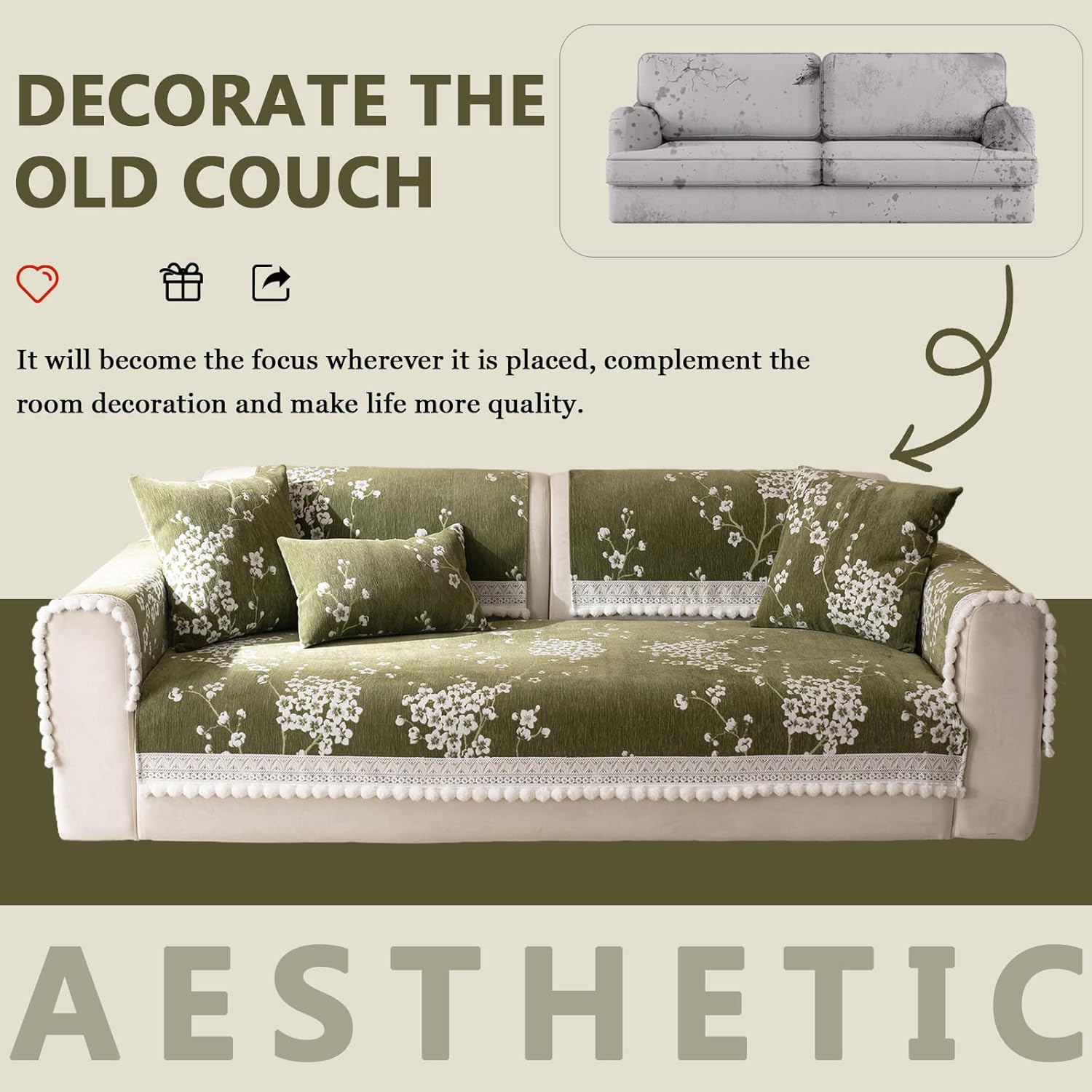 DREAMINGO Green Floral Couch Cover Vintage Jacquard Pet Sofa Cover Non Slip Chenille Couch Protector Living Room Washable Sectional Furniture Slipcovers for 3 Seat Sofa, 35.4"x94.5"