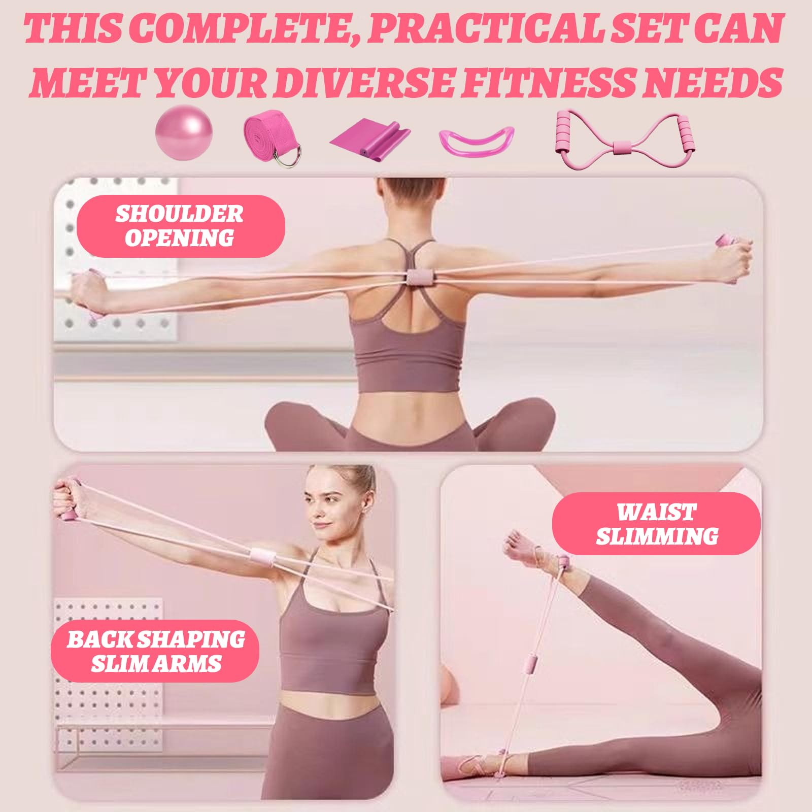 6 Pièces Kit Pilates Maison Accessoire Pilates Femme Kit: Yoga Ball, Resistance Bands, Pilate Ring, Yoga Band pour l'Entraînement à Domicile et en Studio (Rose)