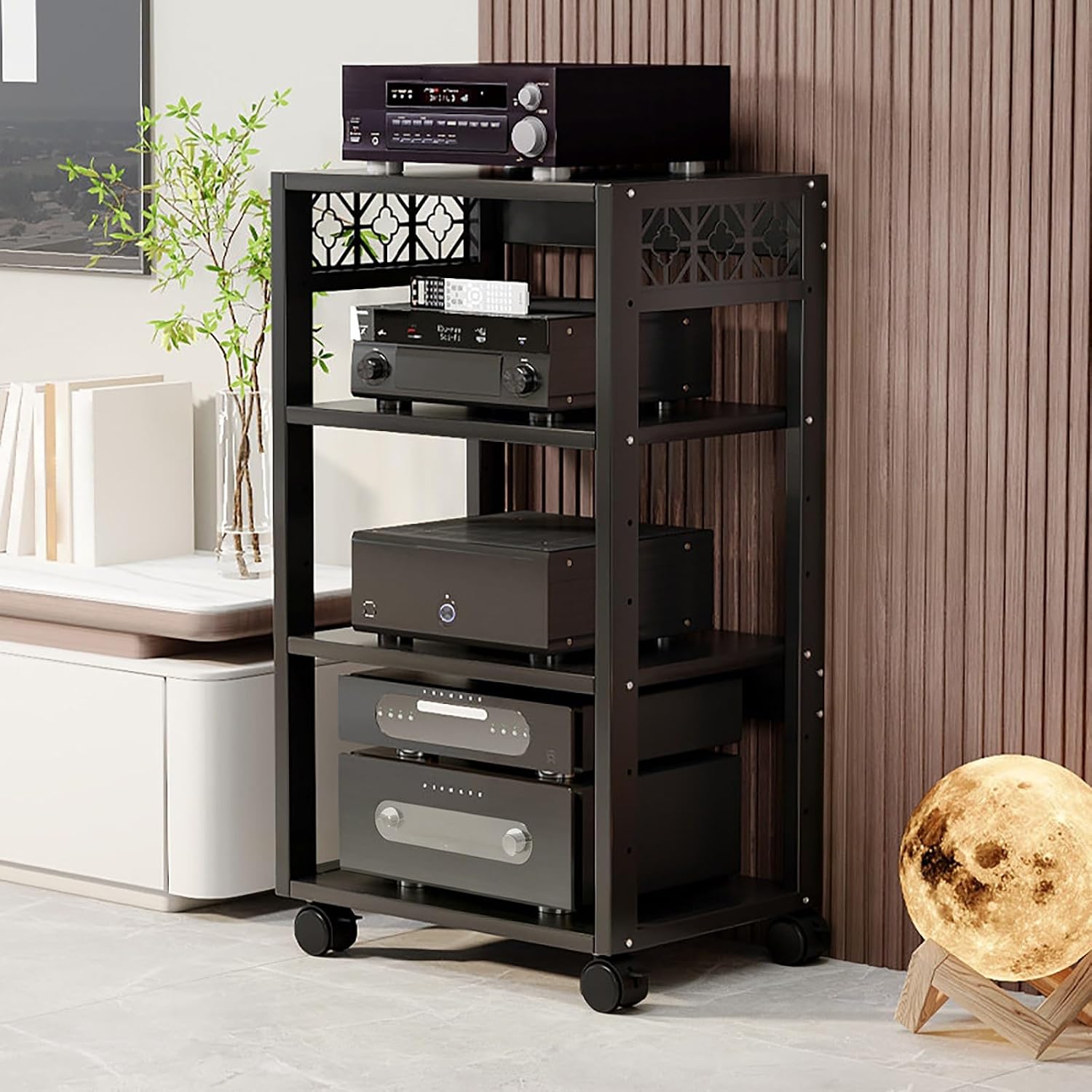 Decorative Open AV Rack with Lockable Wheels, Wood Metal Audio Equipment Shelf for Living Room Home Cinema Game Space(Black,89 * 50cm/35 * 19.7in)