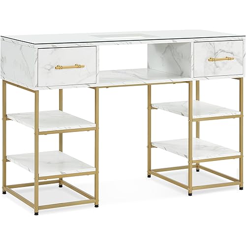 BarberPub Beauty Manicure Table for Storage, Nail Desk with Metal Frame & Glass, Modern Nail Salon Station, Marbling Textured Manicure Desk, Spa Equipment with Drawers 2411 (White)