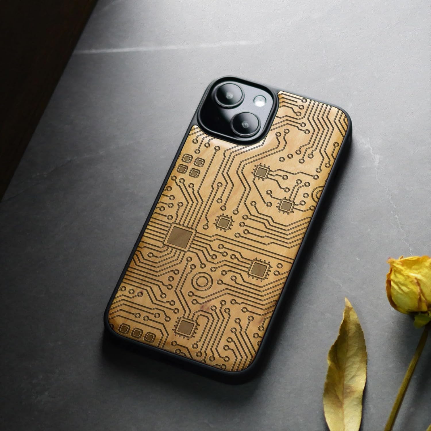 Carveit Magnetic Wooden Case for iPhone 15 Case, Compatible with MagSafe Wireless Chargers, Black Soft TPU Shockproof Cover & Wood Artisan Engraved (Motherboard) - Cherry