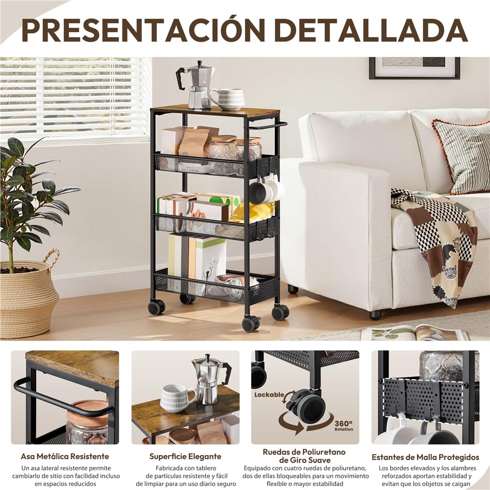 Yaheetch Carrito de Almacenaje de 4 Niveles,con Ruedas Bloqueables,con Ganchos Asa,Marco de Acero con Superficie de Madera,45x22x79cm,para Cocina Estudio Baño Salón, Color Marrón Rústico y Negro