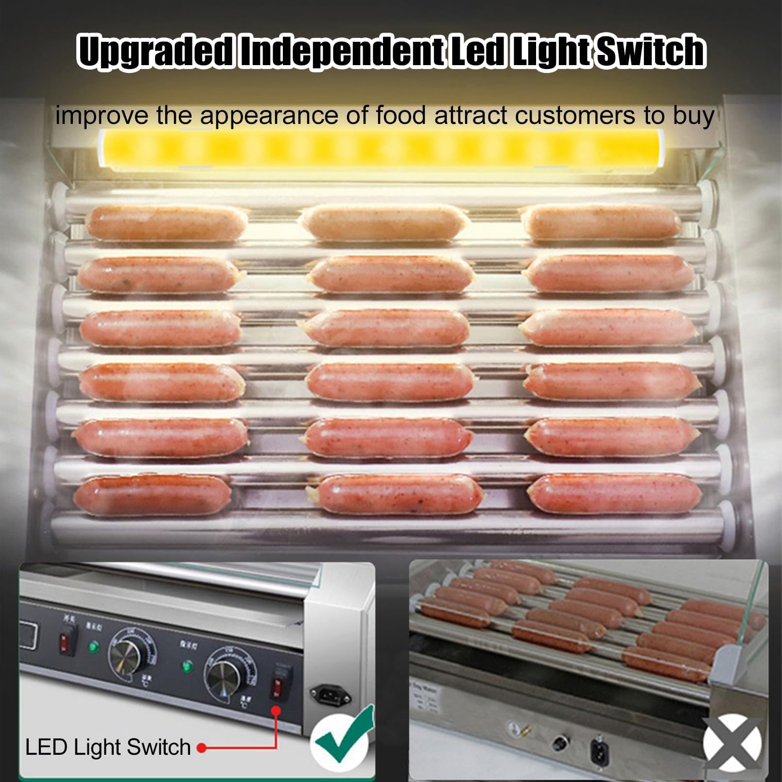 Rouleau Hot Dog 1100 W avec capacité de 33 hot-dogs, 11 rouleaux pour une cuisson uniforme, construction en acier inoxydable 304, lumière LED, double contrôle de la température pour un usage