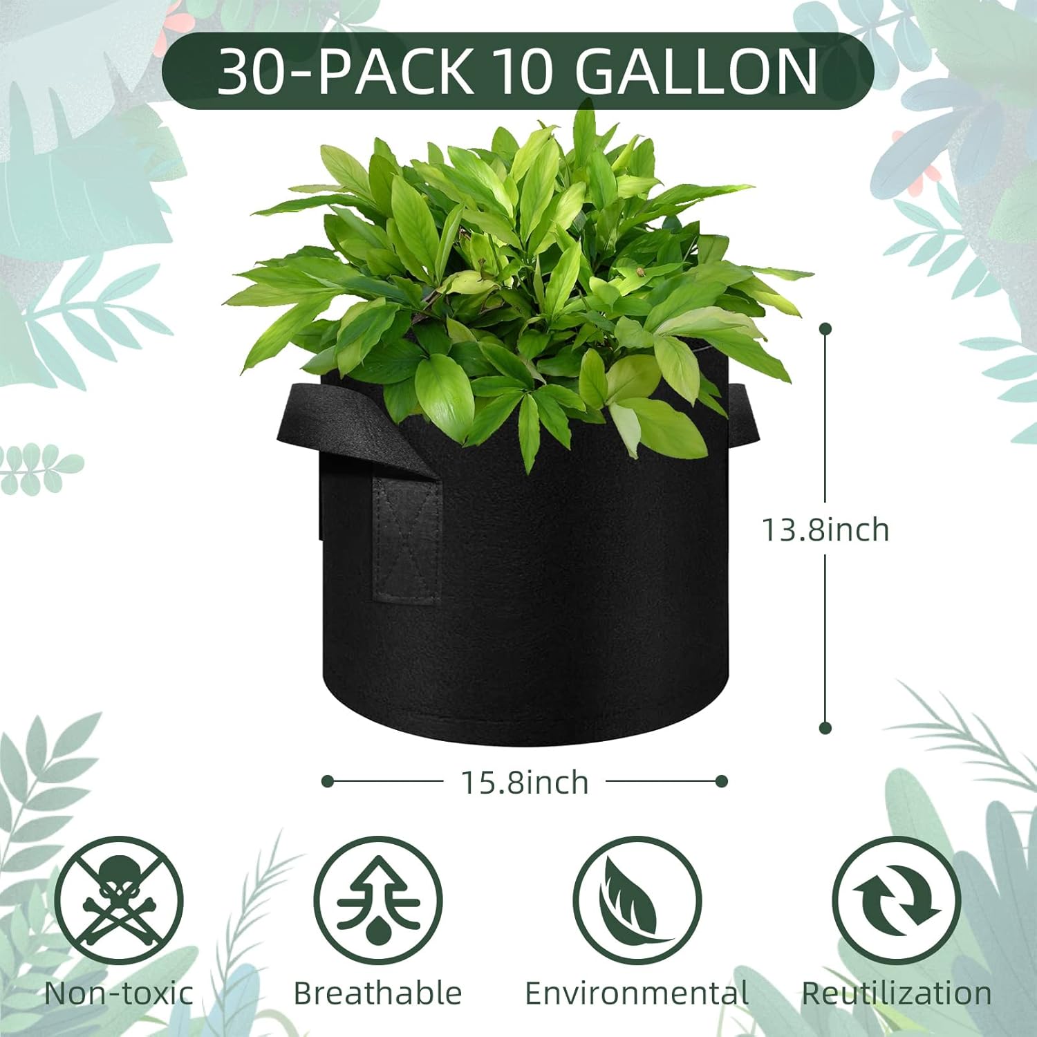 10 Gallon Grow Bags 30 Pack, Heavy Duty Thickened Nonwoven Fabric Pots with Handles, Plant Grow Bags for Vegetable/Flower/Plant/Fruits, Black
