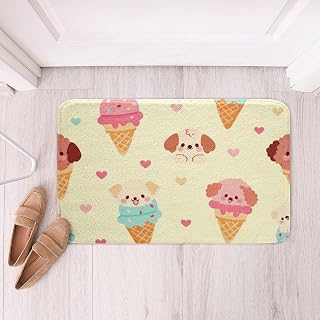 Castle Fairy Cartoon Dog Ice Cream Kids Bath Mat,Lovely Puppy Pet Animals Mats Rugs,Girls Room Decor,Sweet Girly Style Bathroom Carpets,Yellow Teal Pink Bath Rug,Absorbent Floor Mats,16Wx24L Inches